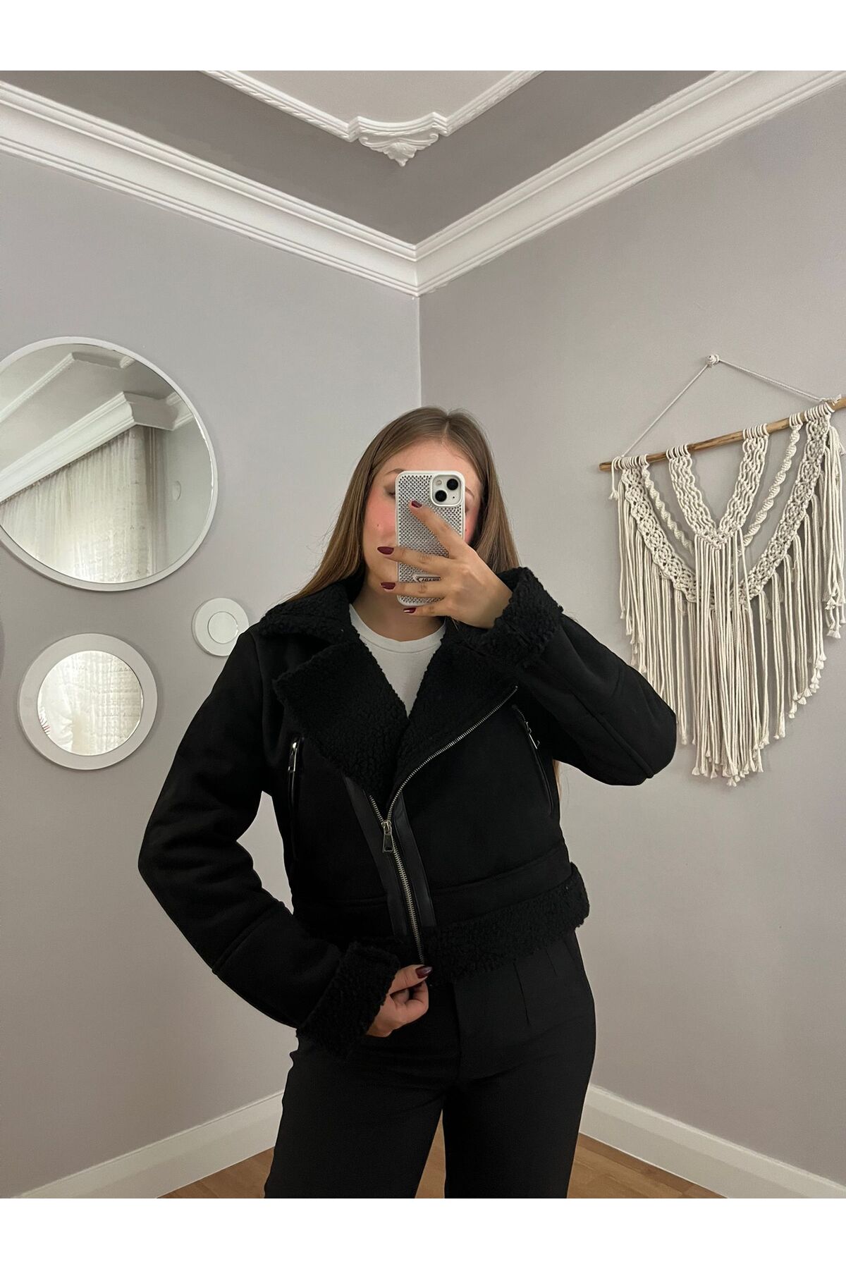 MADAMACİX Peluş Detaylı Biker Mont Kaban
