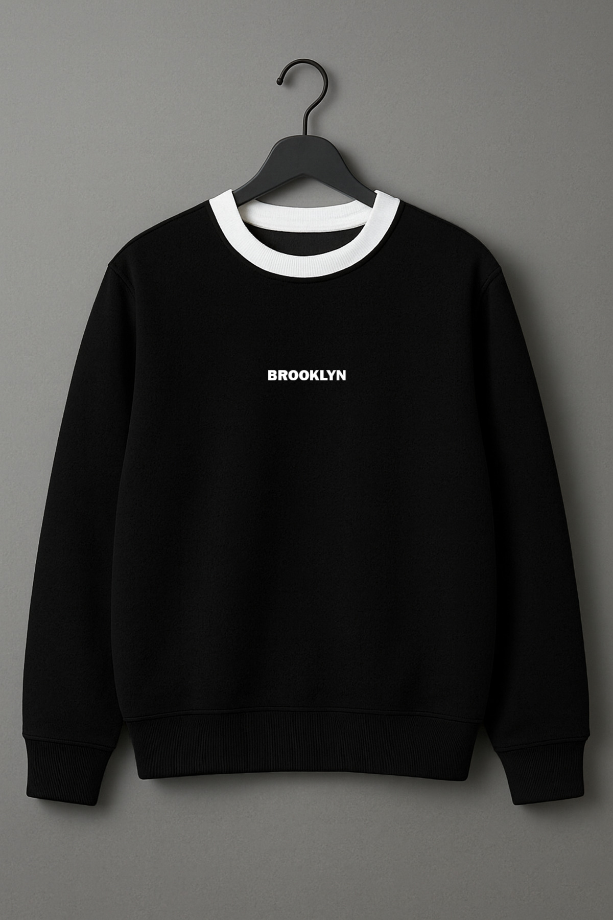 Unisex Kadın/Erkek BROOKLYN Özel Tasarım Renkli Beyaz Yaka Oversize Bisiklet Yaka Sweatshirt — مشکی BEYAZ-YAKA-BROOKLYN-MAVİS-