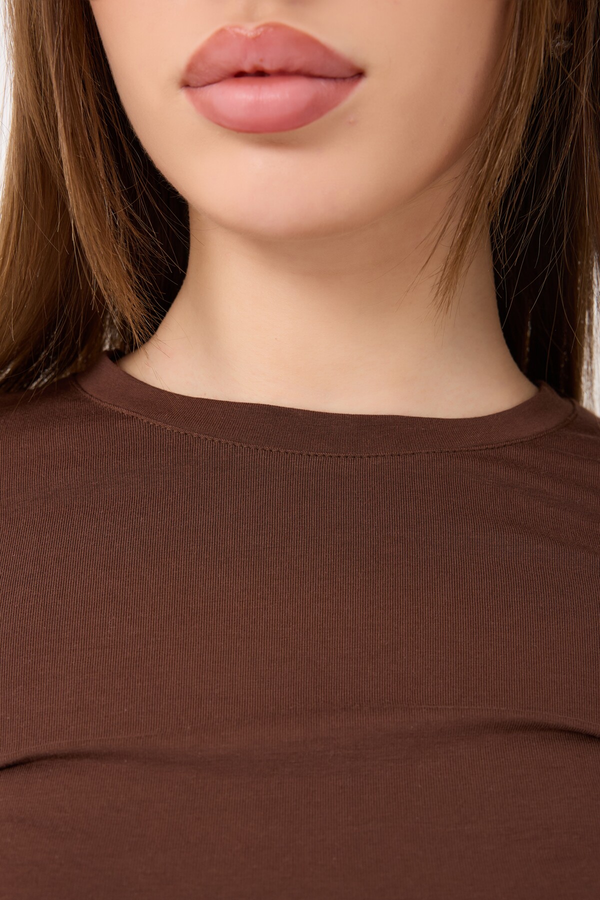 Zoor  Ultra Soft Penye Modal Yuvarlak Yaka Bluz Kahverengi - Görsel 7