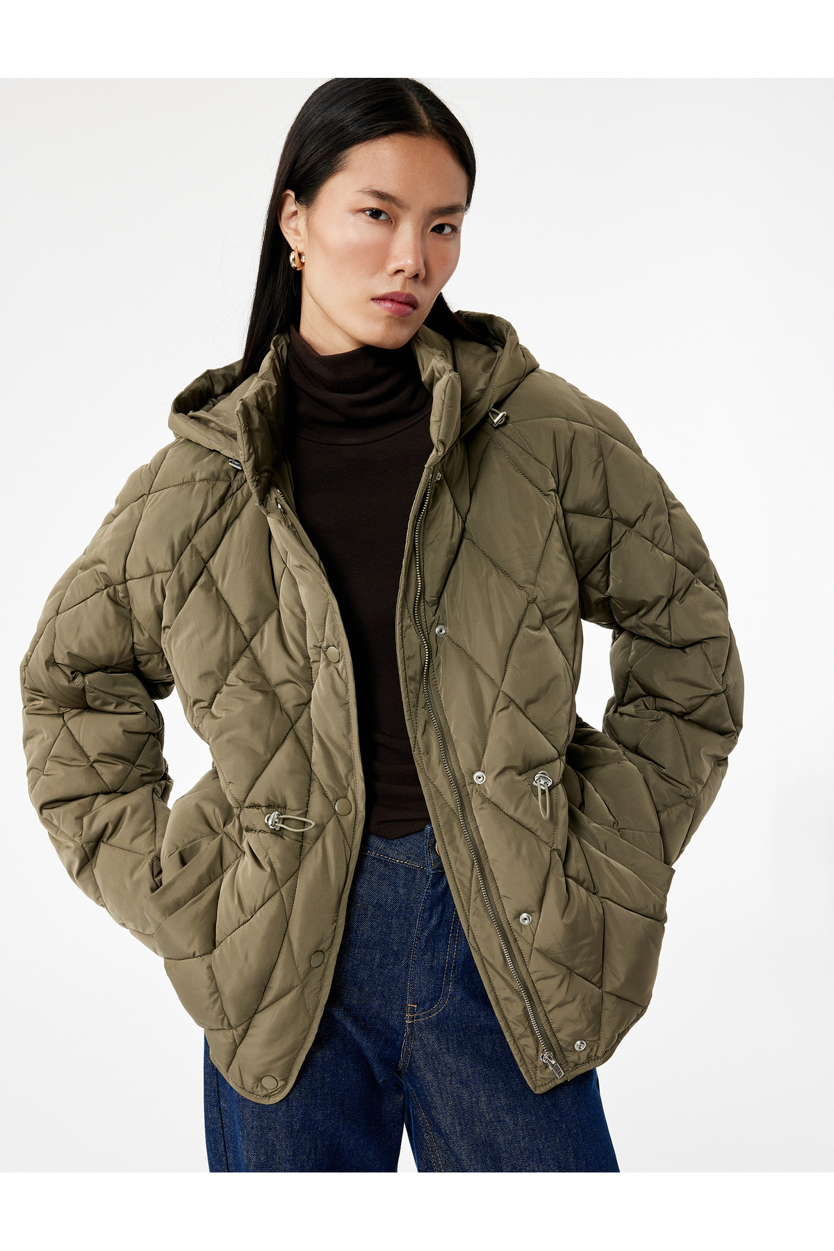 Koton Beli Bağcıklı Uzun Kollu Cepli Su İtici Kapüşonlu Kapitone Şişme Mont