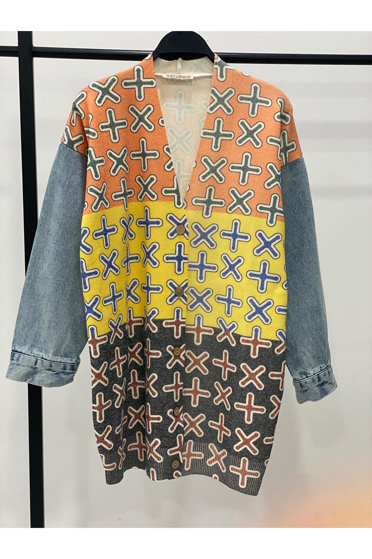 Sleeve Denim Detailed Patterned Long Knitwear Cardigan - 1180