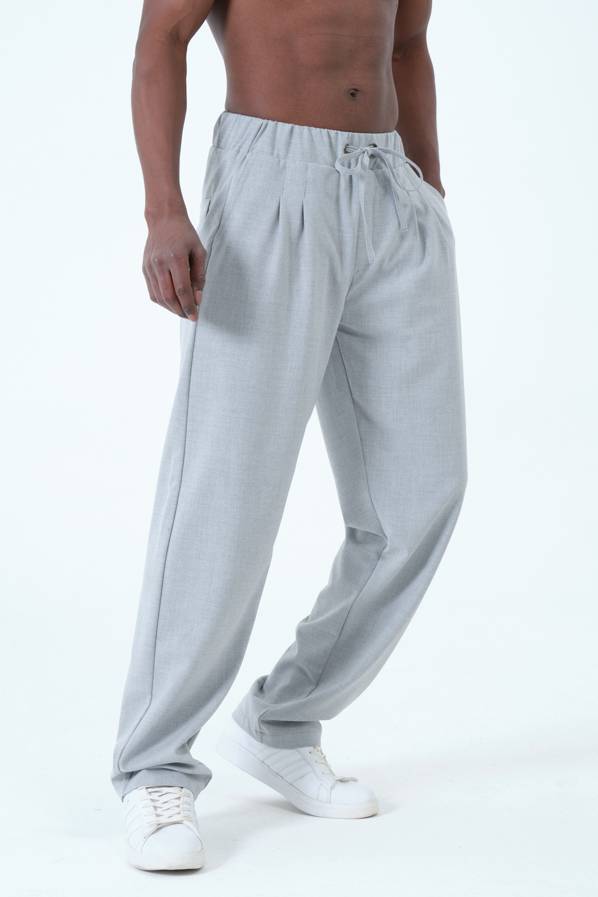 RELAXL Battal Boy Pileli Beli Lastikli Bol Paça Gri Baggy Pantolon görsel 5