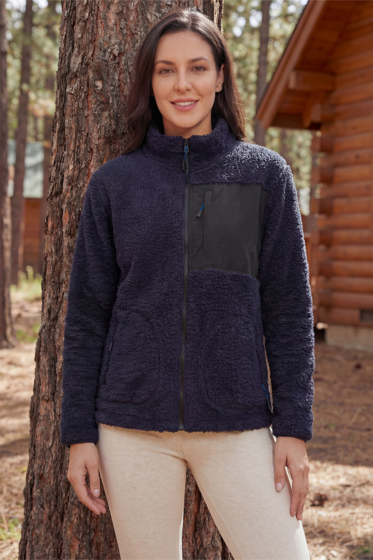 Women's Navy Blue Anti Peeling Lamb Welsoft Fleece Jacket Full Zipper 3 Pockets
