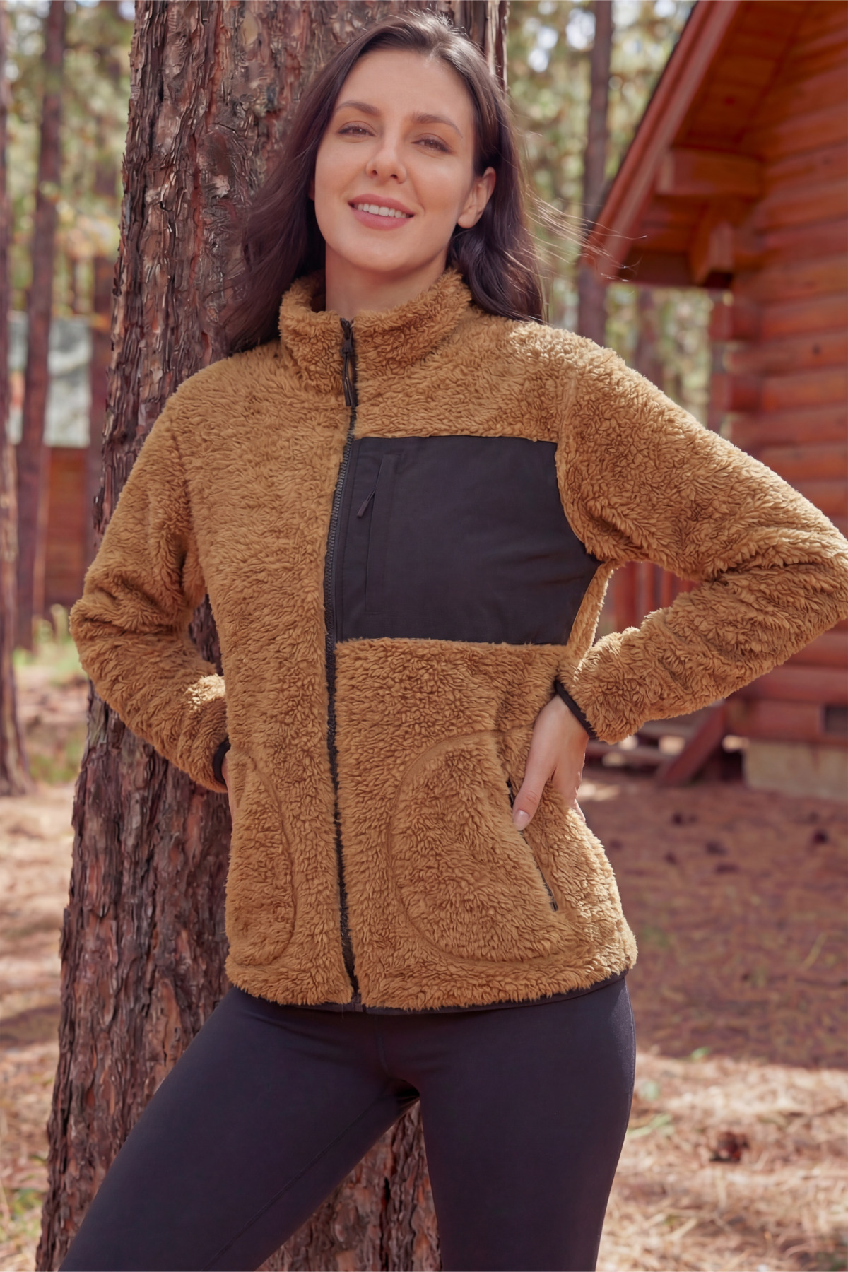 Women's Brown Anti Peeling Lamb Welsoft Fleece Jacket Full Zipper 3 Pockets