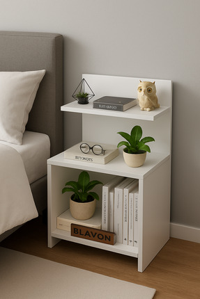 Projemob Modern Beyaz 3 Raflı Komodin & Yan Sehpa – Kitaplık ve Başucu Sehpası