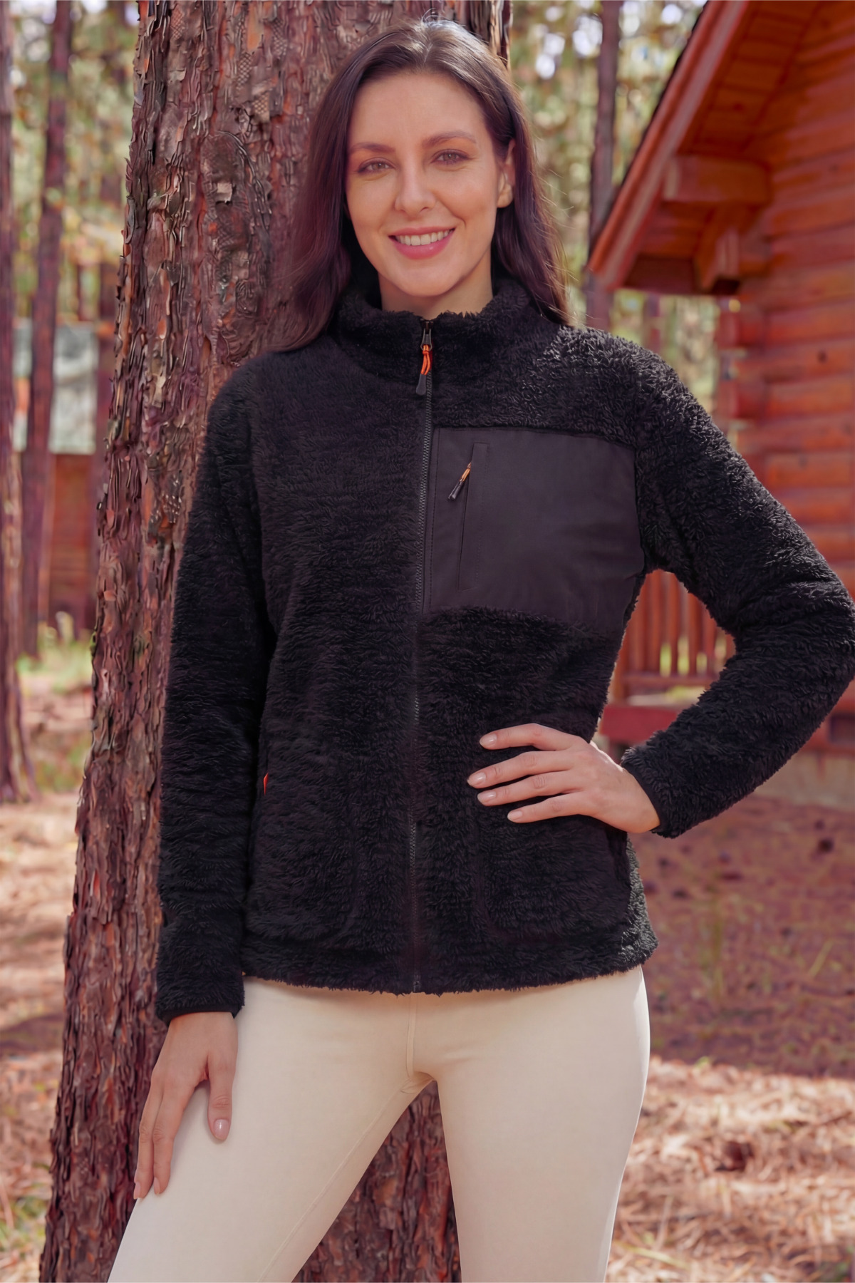 Women's Black Anti Peeling Lamb Welsoft Fleece Jacket Full Zipper 3 Pockets