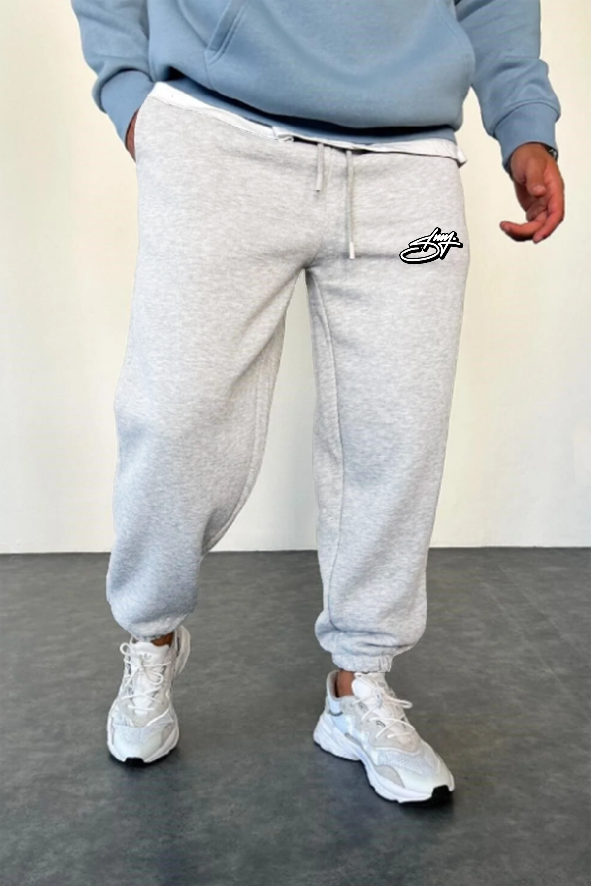 Stüssy Curved Baskılı Kışlık 3 İplik Şardonlu Rahat Kesim Pamuklu Gri Jogger Eşofman Altı