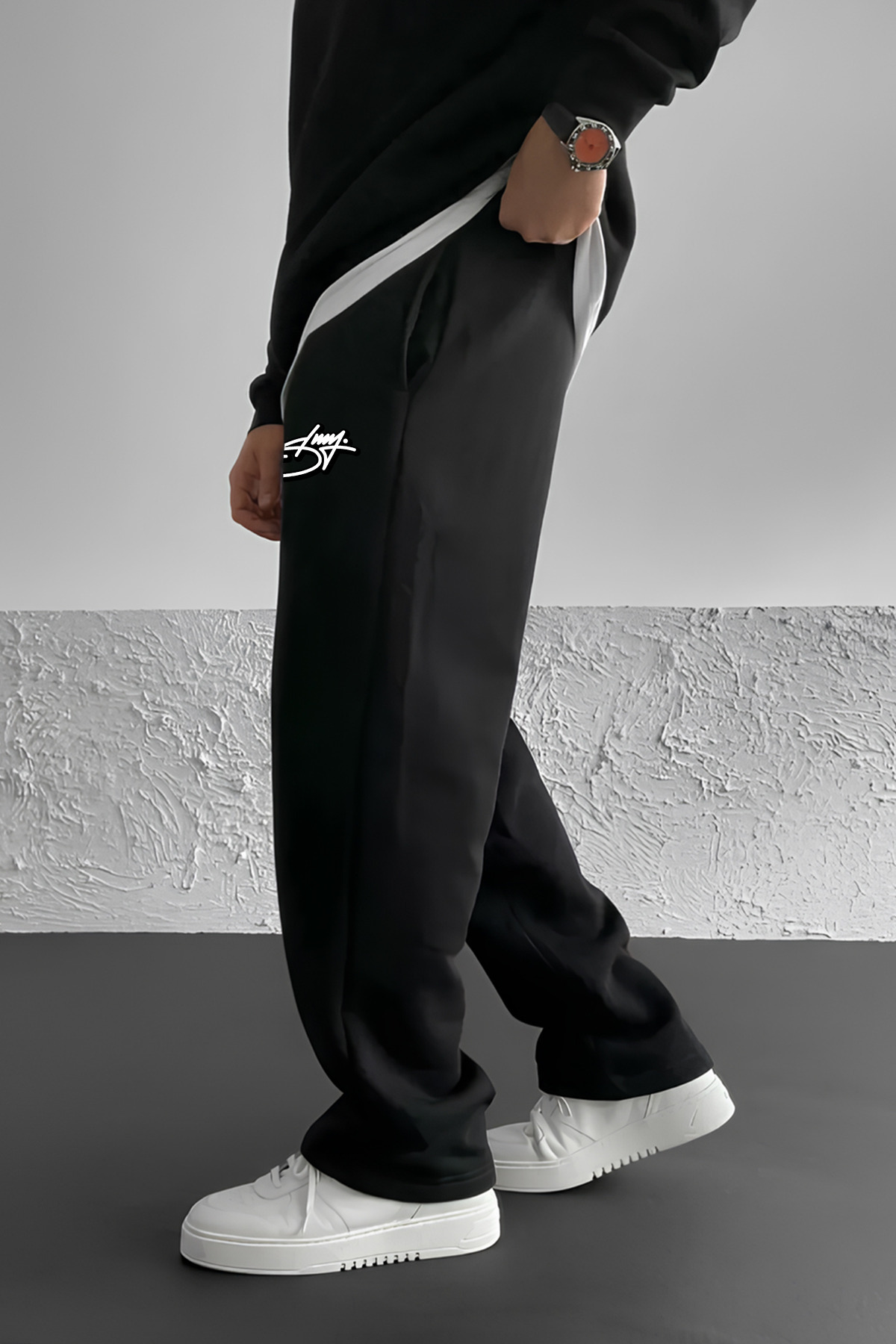 THE RULE  Stüssy Curved Baskılı Baggy 3 İplik Bol Kesim Düz Paça Siyah Mevsimlik Eşofman Altı RF0555 - Görsel 2