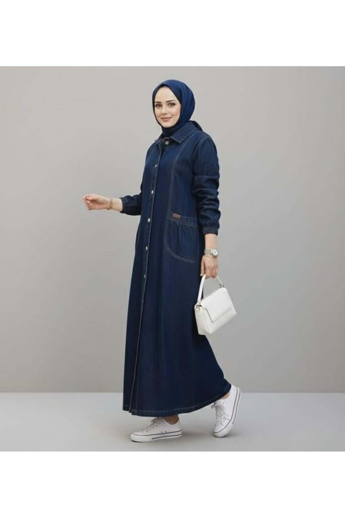Hb Harma Time Butik  Kadın Düğmeli Cepli Kar Yıkamalı Denim Lacivert Kot Kap