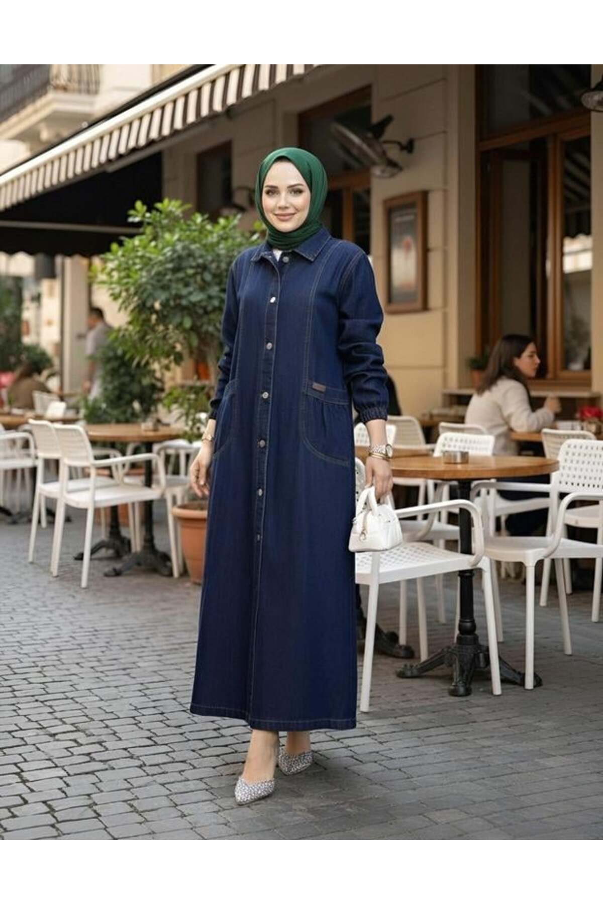 Hb Harma Time Butik  Kadın Düğmeli Cepli Kar Yıkamalı Denim Lacivert Kot Kap - Görsel 2