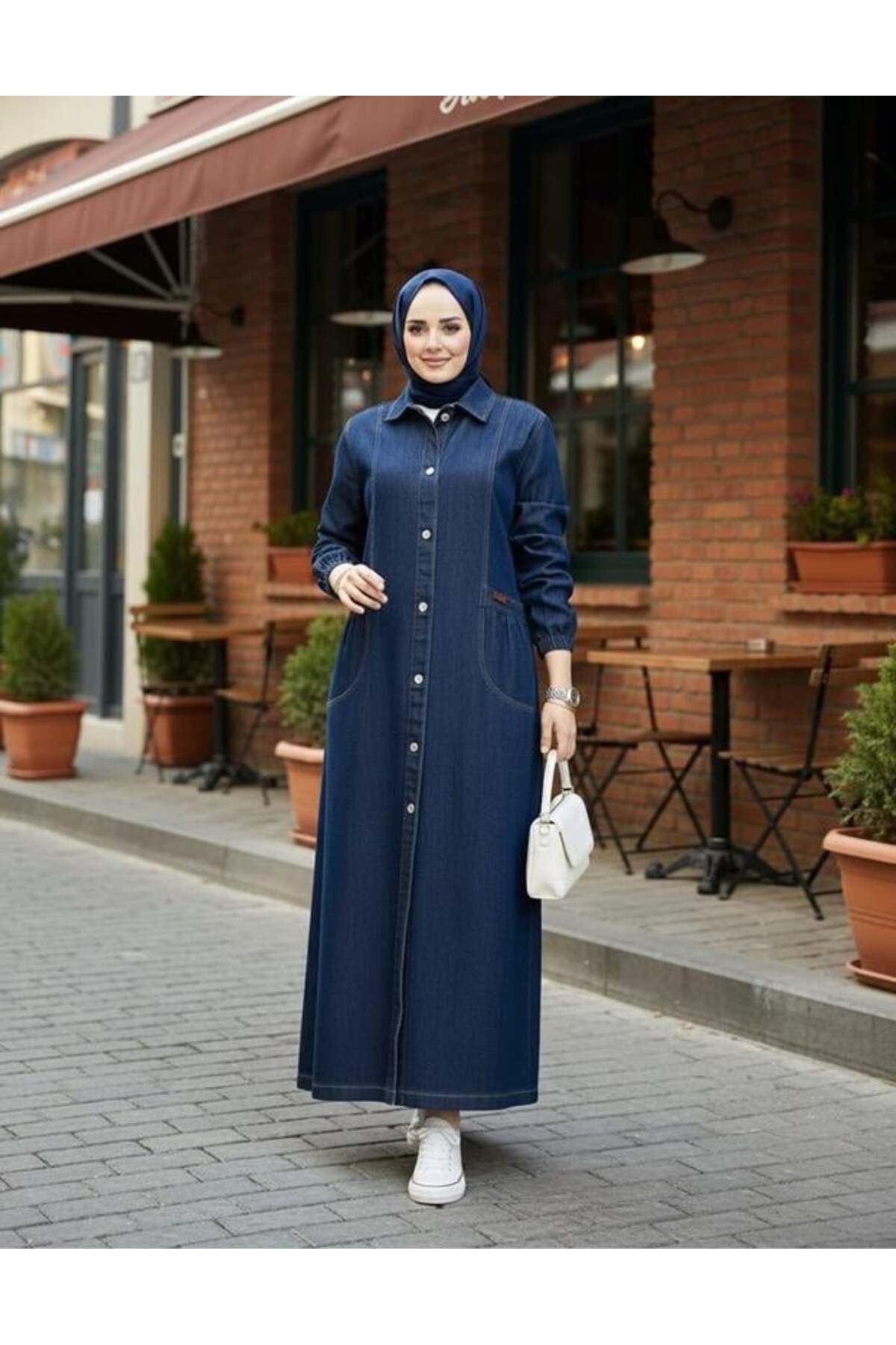 Hb Harma Time Butik  Kadın Düğmeli Cepli Kar Yıkamalı Denim Lacivert Kot Kap - Görsel 5