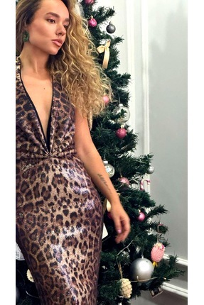 inmuse Payetli Leopar Desen Midi Elbise
