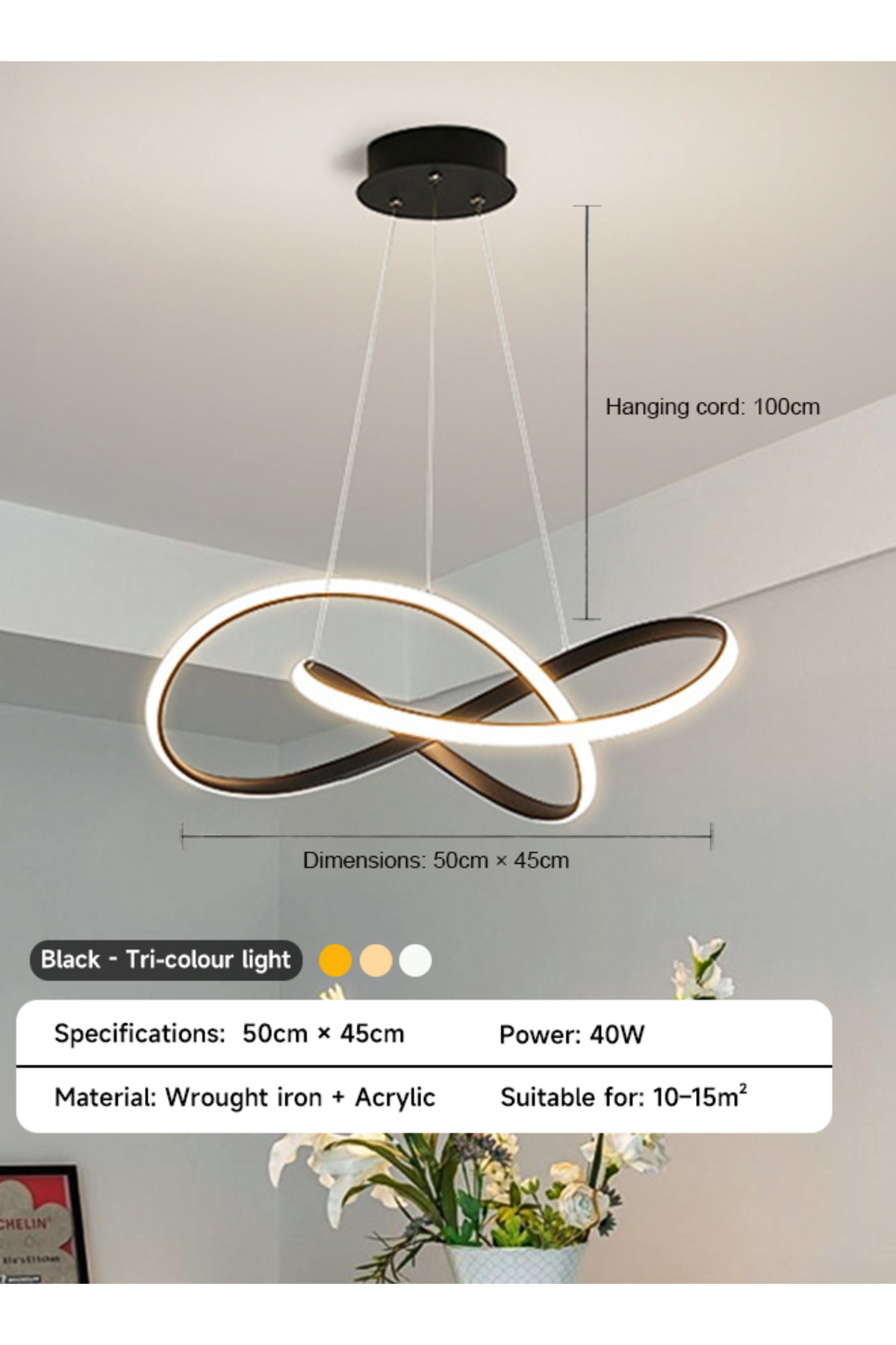 ثريا معلقة LED بتصميم لا نهائي أسود، مودرن لغرفة ا...