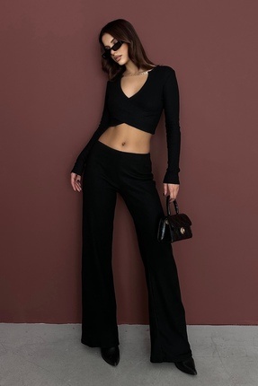 XELA 2'Lİ TAKIM - ZİNCİR DETAYLI KRUVAZE ŞARDONLU UZUN KOL CROP BLUZ,BELİ LAS...