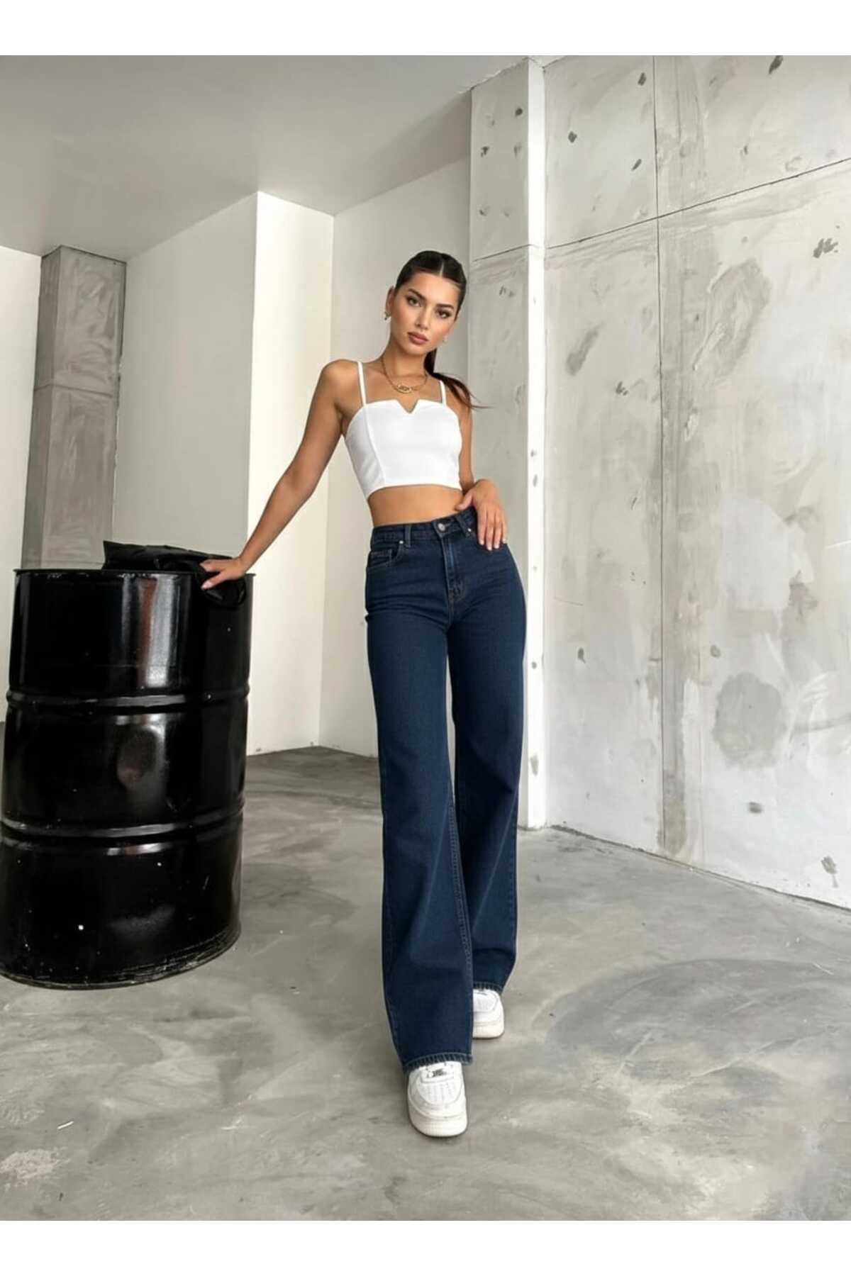 NWC  Camelia Likralı Kadın Koyu Mavi Süper Yüksek Bel Salaş Paça Denim Salaş Palazzo Pantolon - Görsel 8