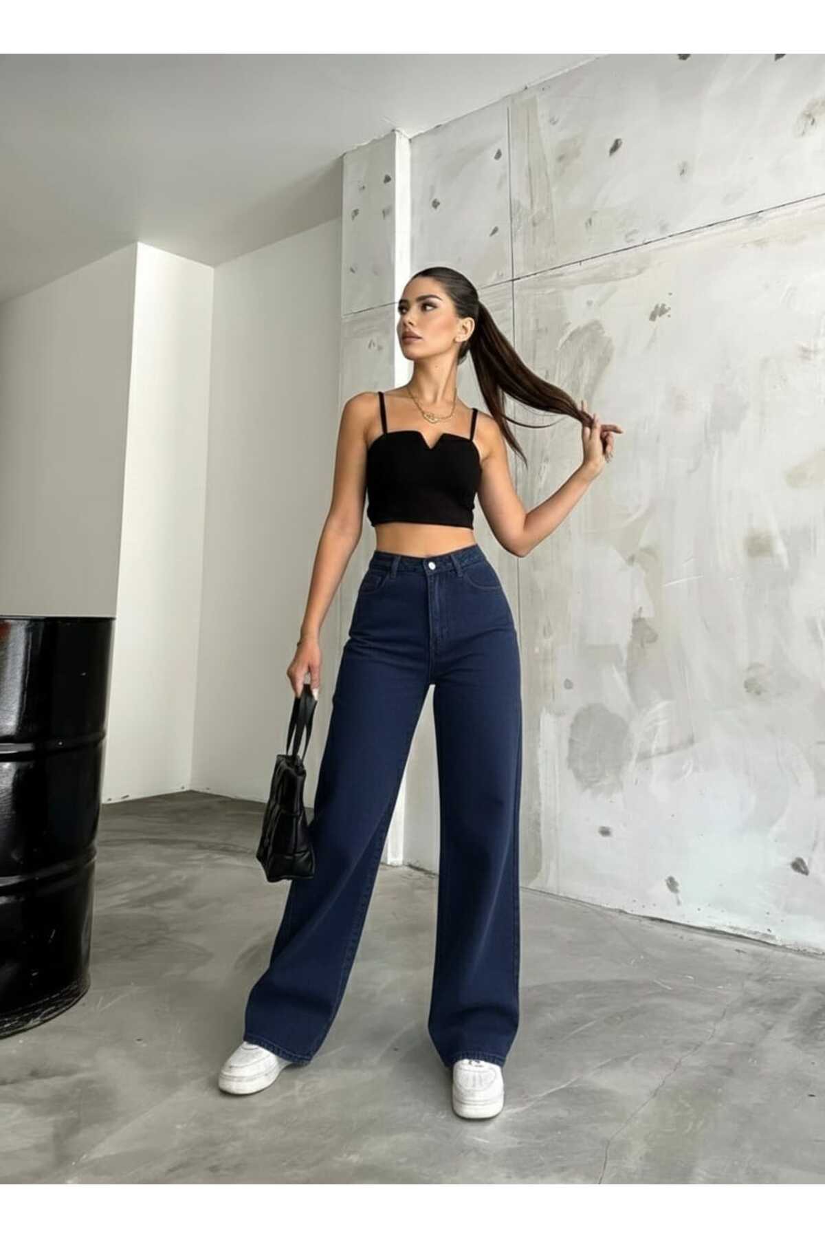 NWC  Camelia Likralı Kadın Koyu Mavi Süper Yüksek Bel Salaş Paça Denim Salaş Palazzo Pantolon - Görsel 7