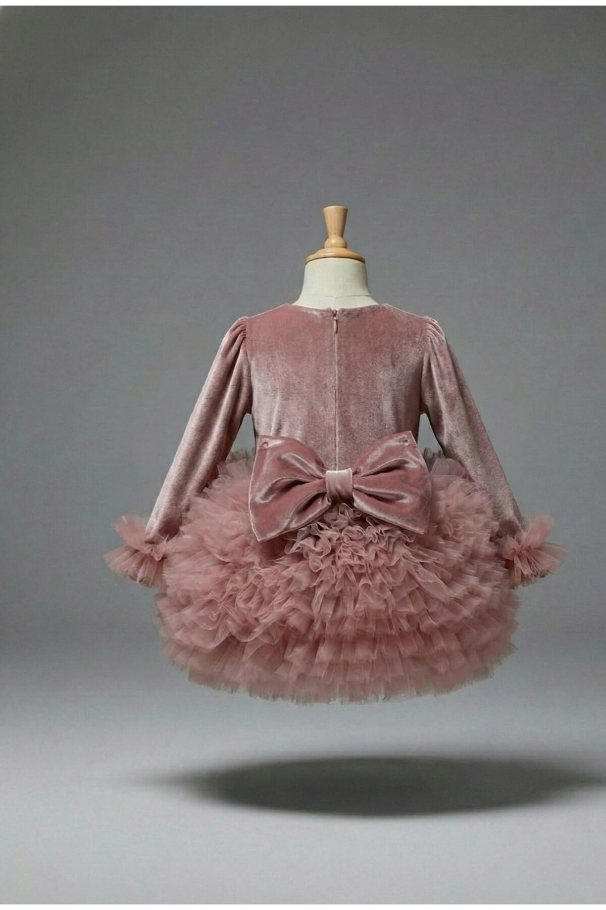 penu baby kids Gül Kurusu Kadife Kumaş Uzun Kollu Tütülü Kız Bebek Elbise - Velvet fotoğrafı 6 (önizleme)