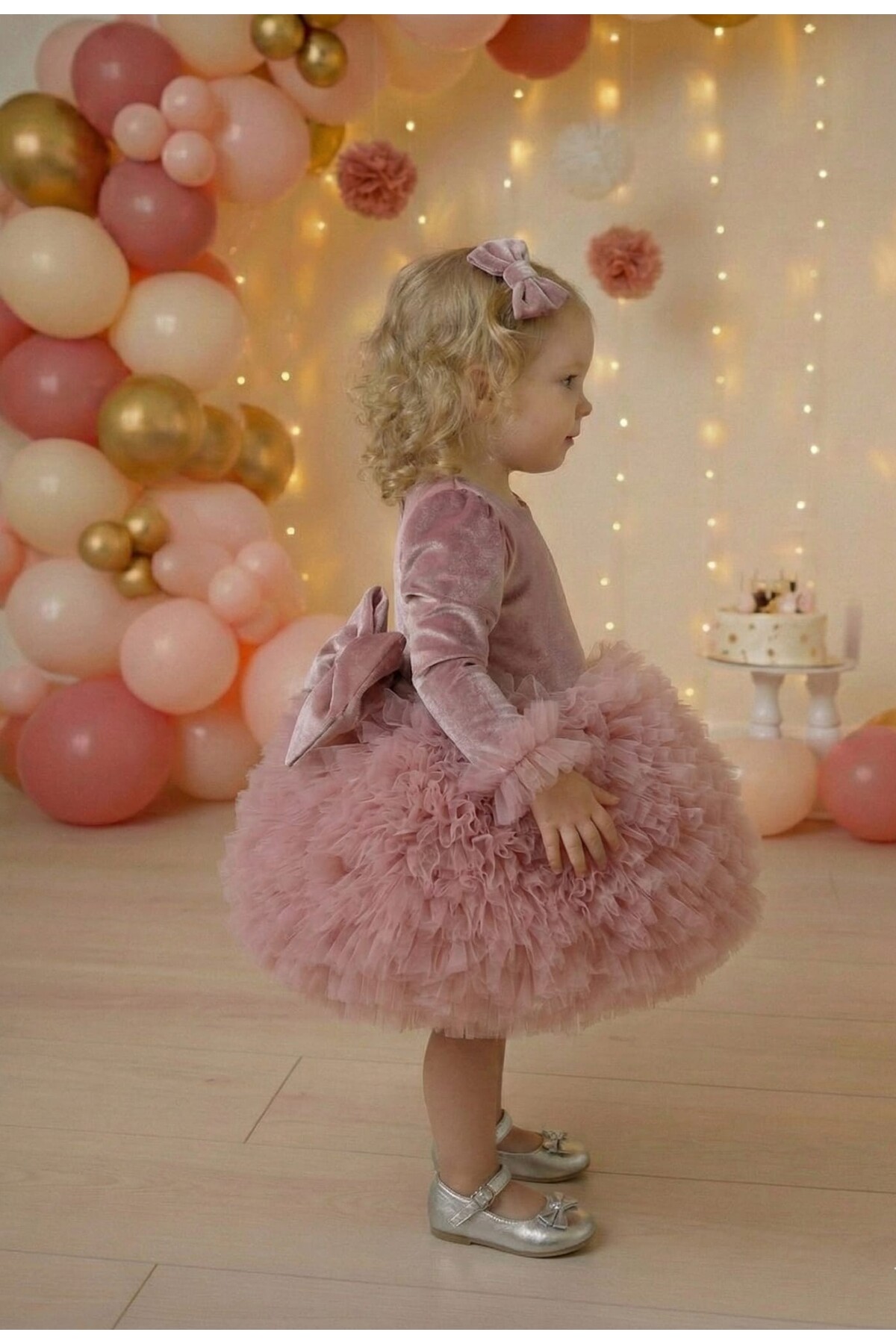 penu baby kids Gül Kurusu Kadife Kumaş Uzun Kollu Tütülü Kız Bebek Elbise - Velvet fotoğrafı 3 (önizleme)