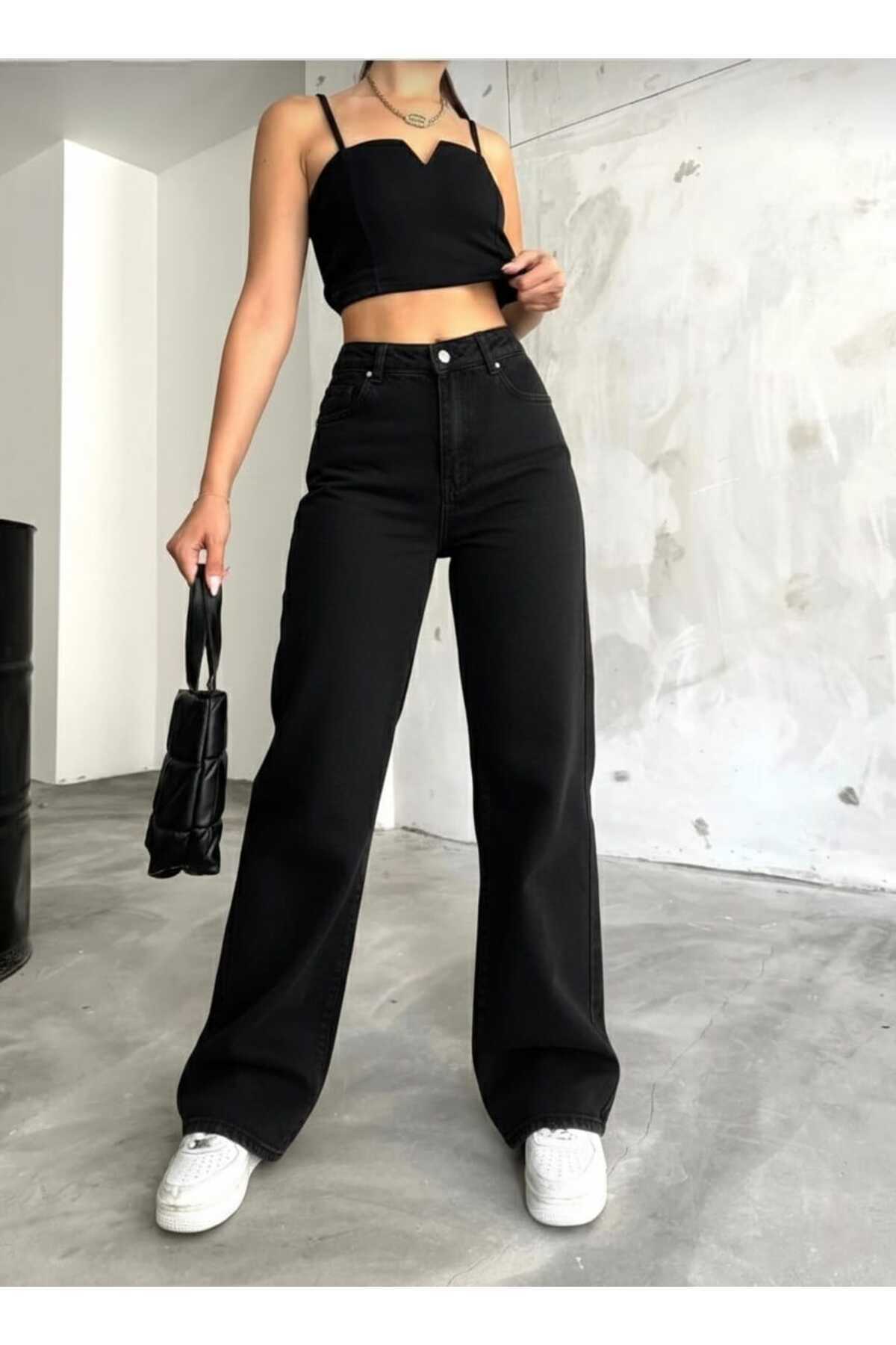 NWC  Natalya Likralı Kadın Siyah Süper Yüksek Bel Salaş Paça Denim Salaş Palazzo Pantolon - Görsel 4