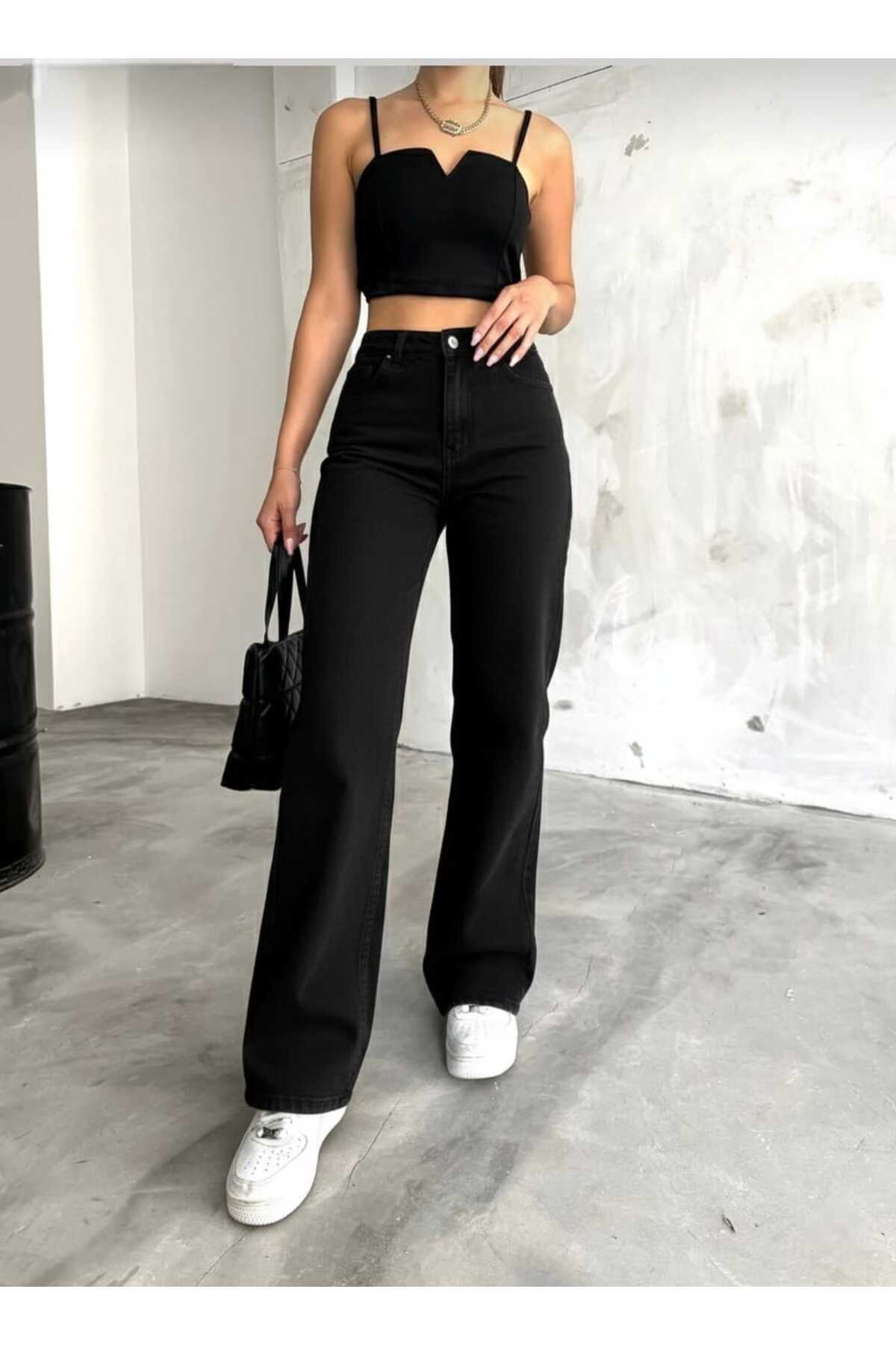 NWC  Natalya Likralı Kadın Siyah Süper Yüksek Bel Salaş Paça Denim Salaş Palazzo Pantolon - Görsel 6
