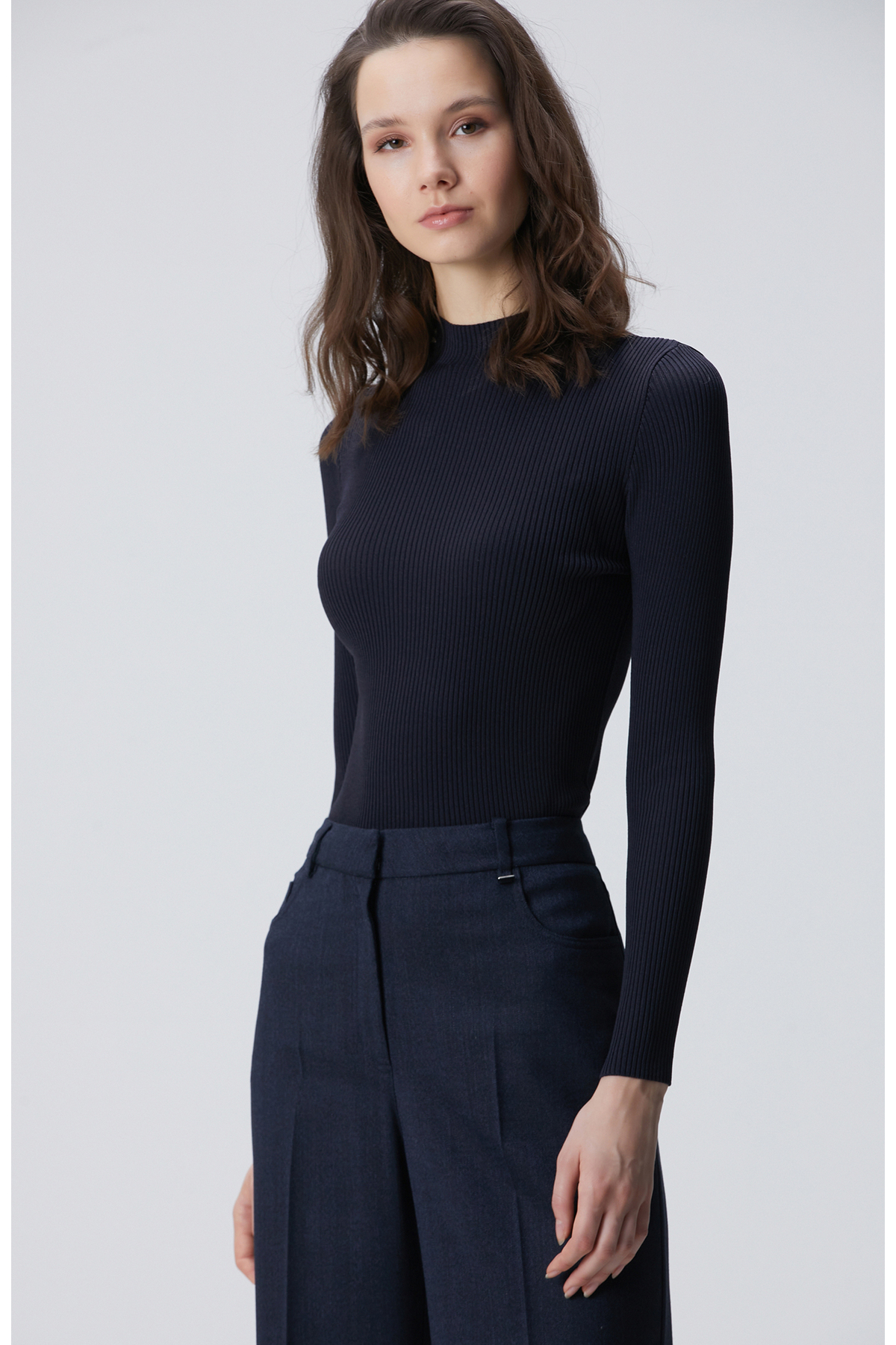 Navy Blue Thin Rib Knit Sweater