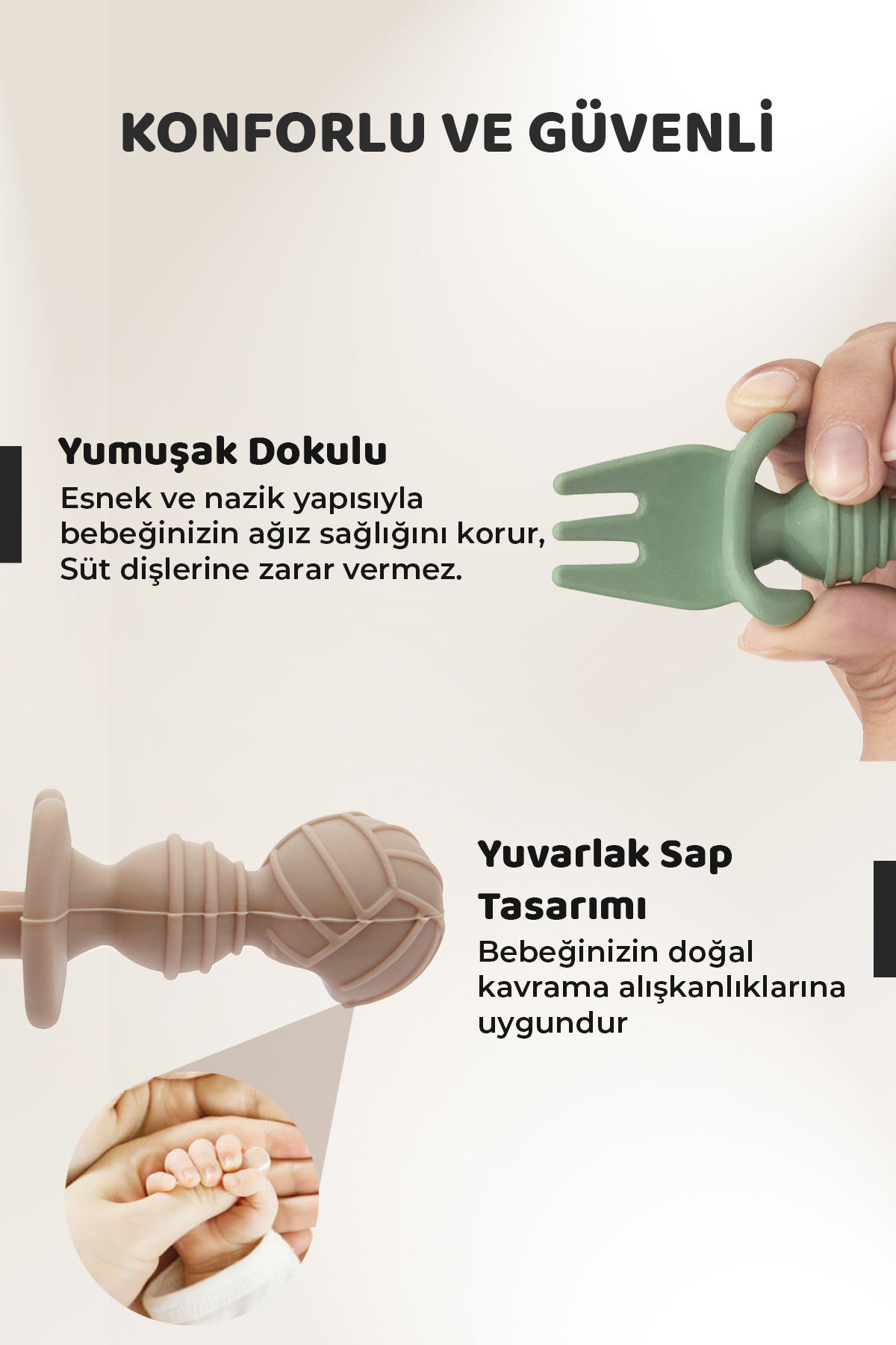 Guqqo Silikon Bebek Kaşık Çatal Seti 4’lü, BLW, Gıda Sınıfı Silikon, Krem Yeşil fotoğrafı 2 (önizleme)