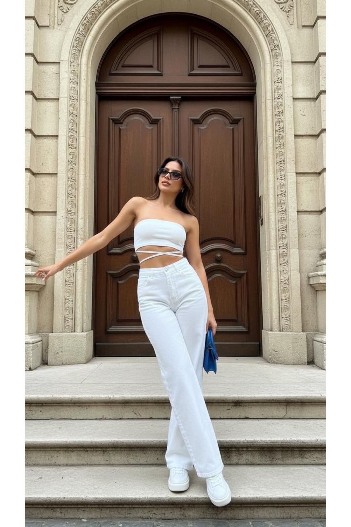 geenz manifacture  Hayal Beyaz Kadın Yüksek Bel Jeans Salaş Kot Pantolon Palazzo - Görsel 5