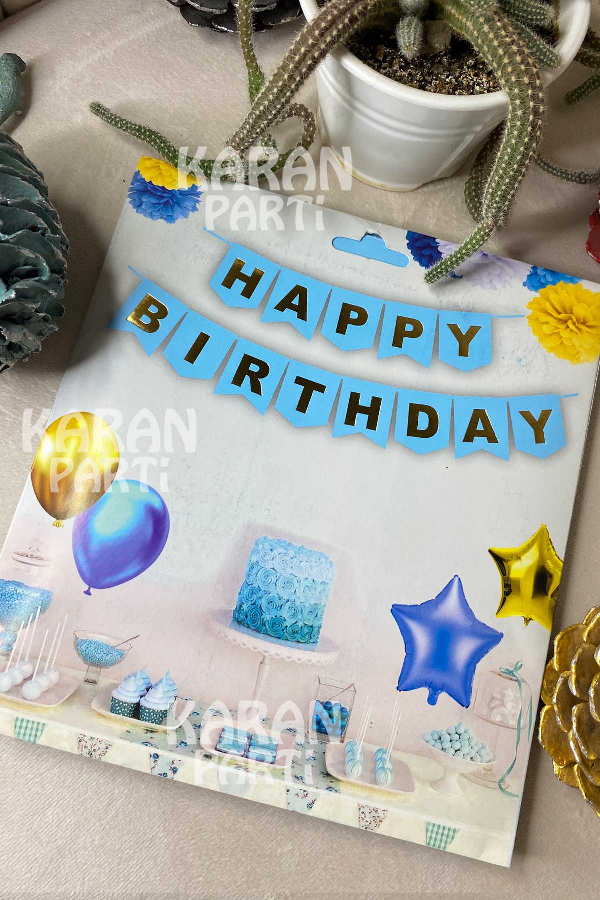 karanca parti süs Happy Birthday Mavi Üzeri Altın Varak Yaldızlı Banner Bayrak Flama Doğum Günü Süsü