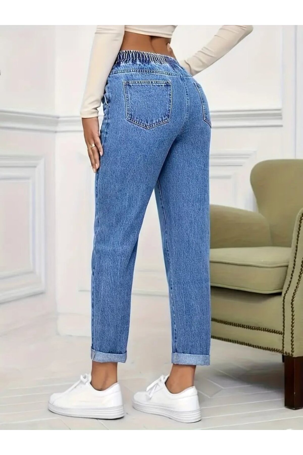 moda wanilia Kadın Yüksek Bel Bağcıklı Kot Pantolon görsel 5