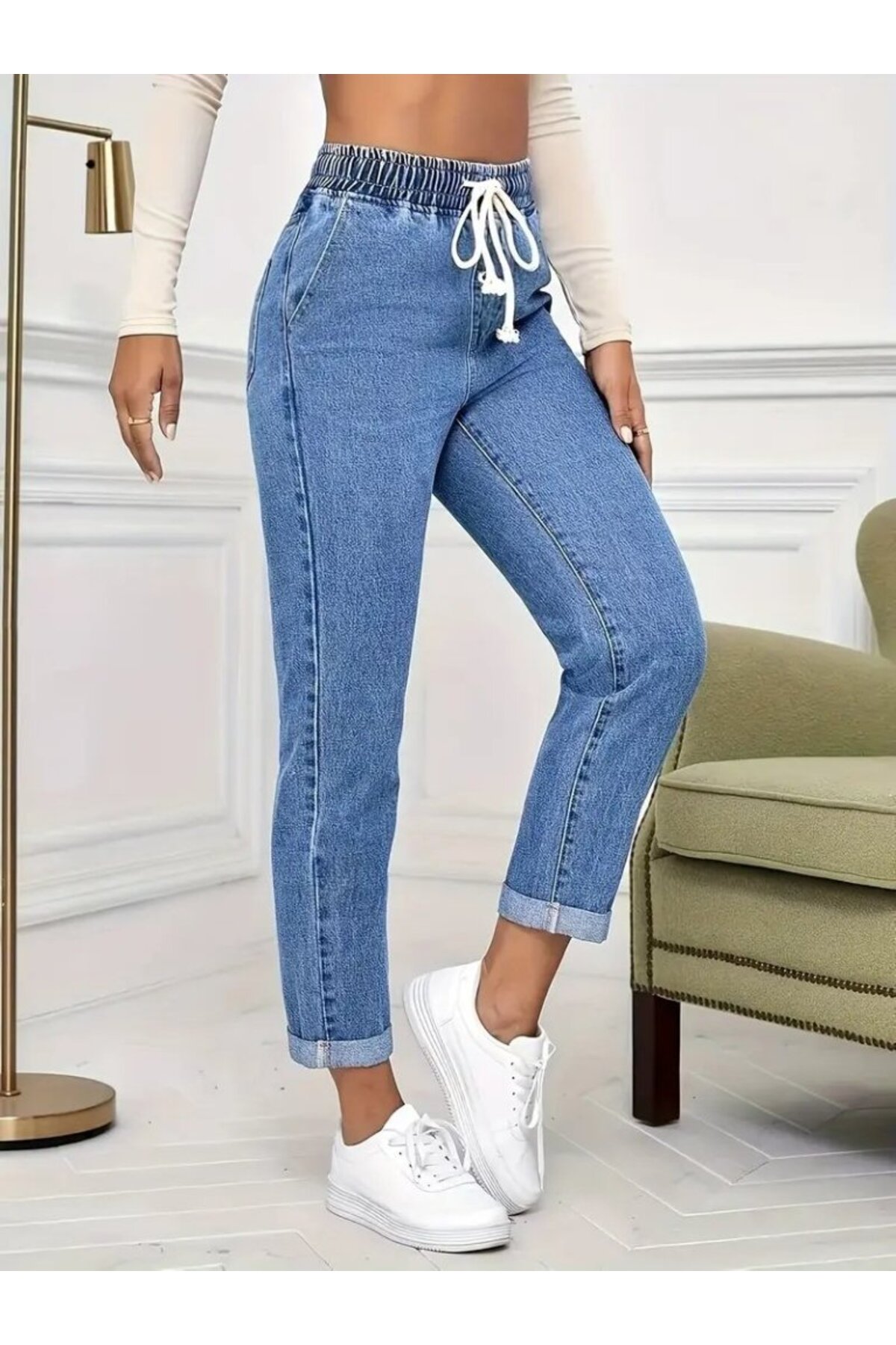 moda wanilia Kadın Yüksek Bel Bağcıklı Kot Pantolon görsel 3