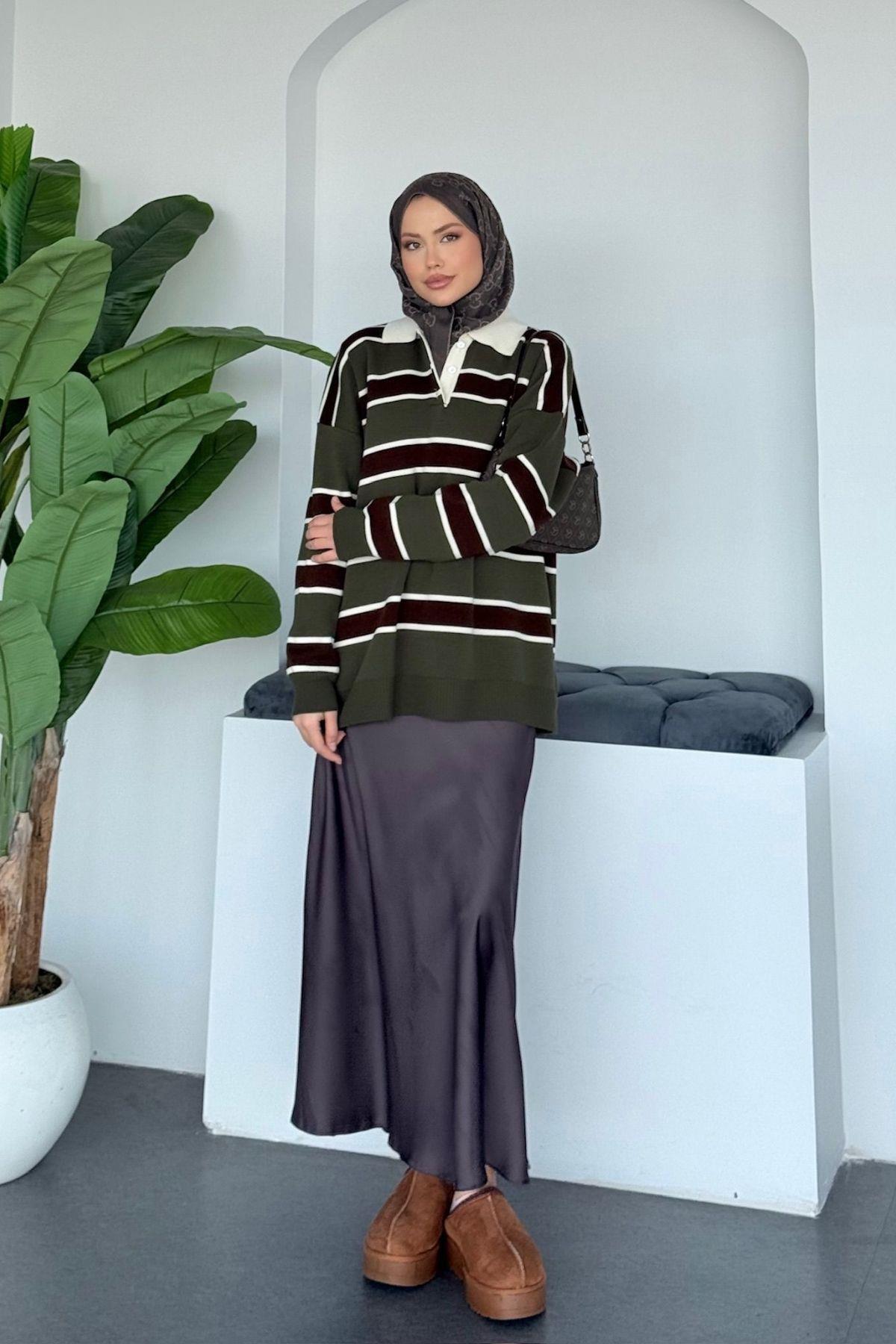 Hazamoda  Yakalı Pike Çizgili Kazak Haki - Görsel 4