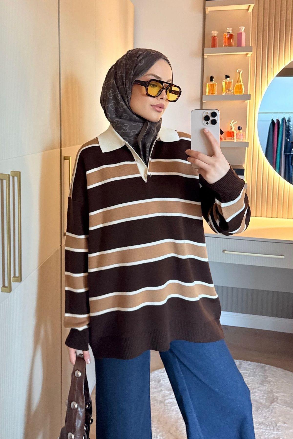 HAZA MODA Yakalı Pike Çizgili Kazak Kahve