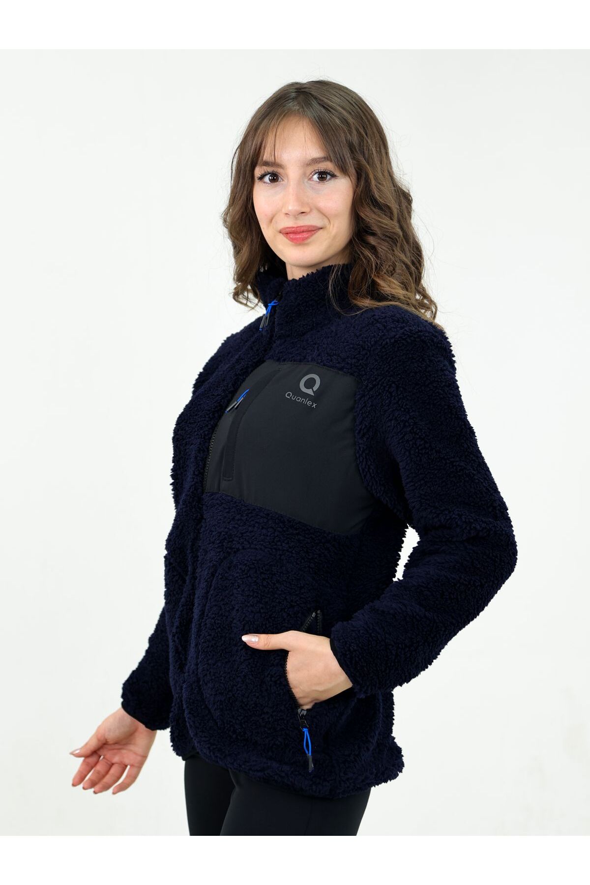 TKT Lacivert Kadın Kuzu Welsoft Polar Ceket Tam Fermuarlı 3 Cepli Ön Parça Detaylı Tam Beden görsel 5