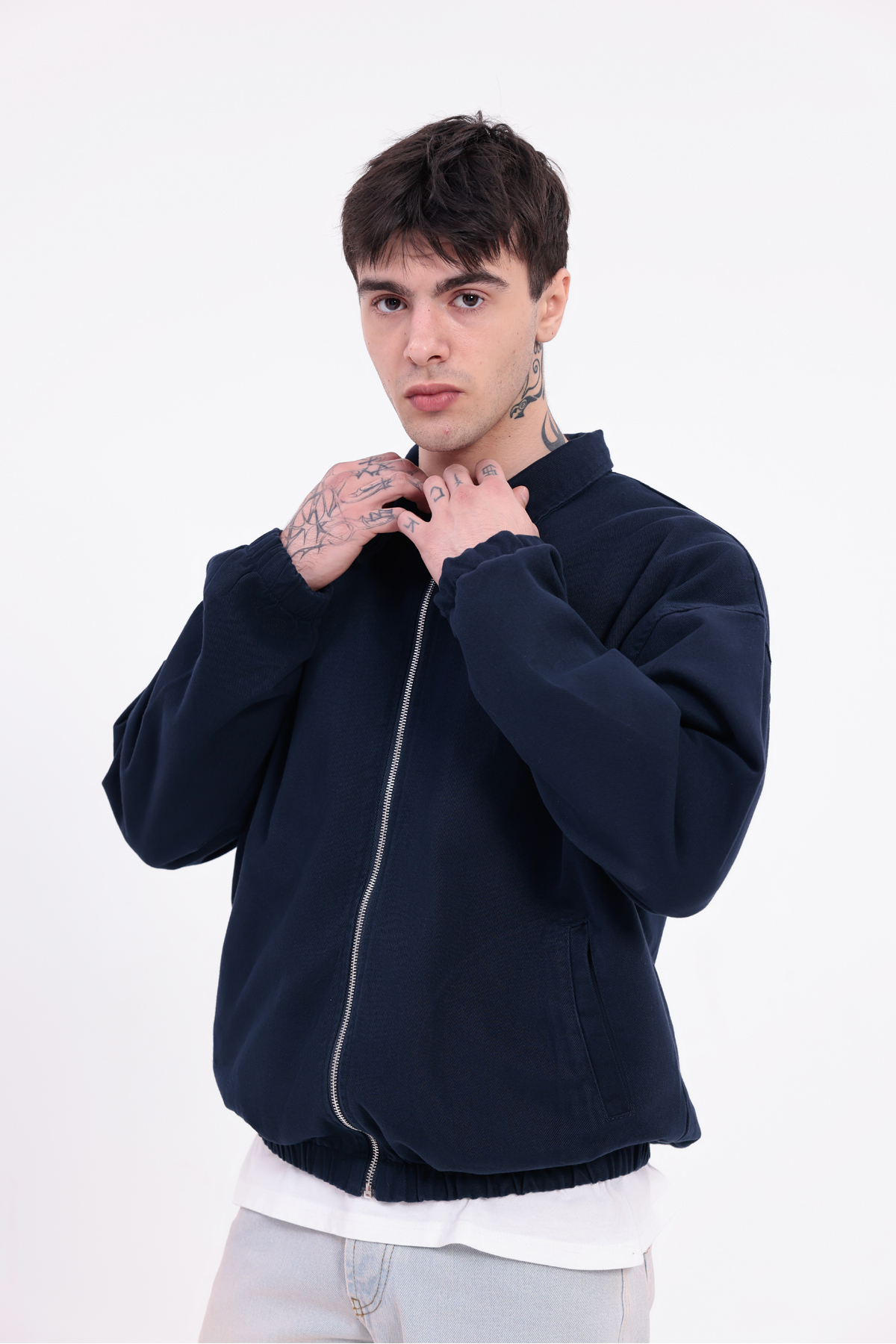 Montland  Erkek Lacivert Gabardin Kumaş Fermuarlı Oversize Beli Lastikli Mevsimlik Ceket - Görsel 6