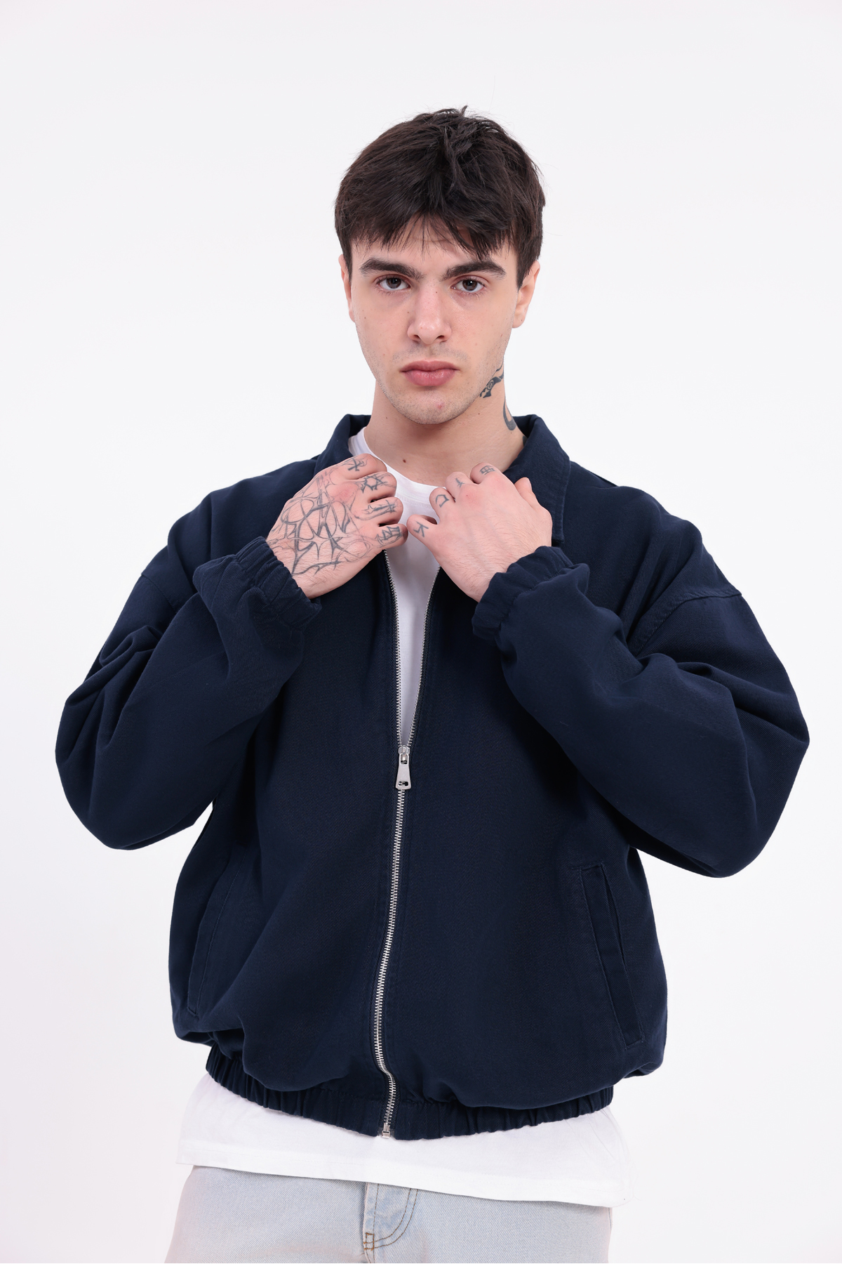 Montland  Erkek Lacivert Gabardin Kumaş Fermuarlı Oversize Beli Lastikli Mevsimlik Ceket - Görsel 4