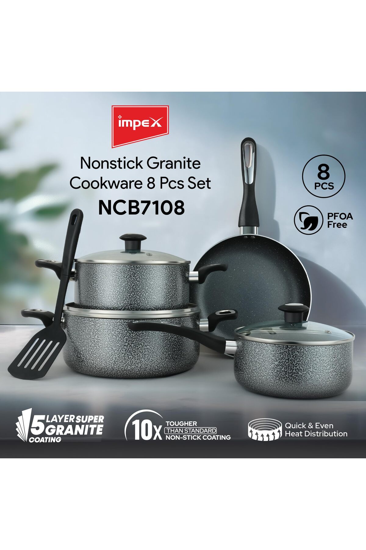 IMPEX NCB 7108 8pcs Granite Nonstick Cookware Set 5-Layer Virgin Aluminium wi...