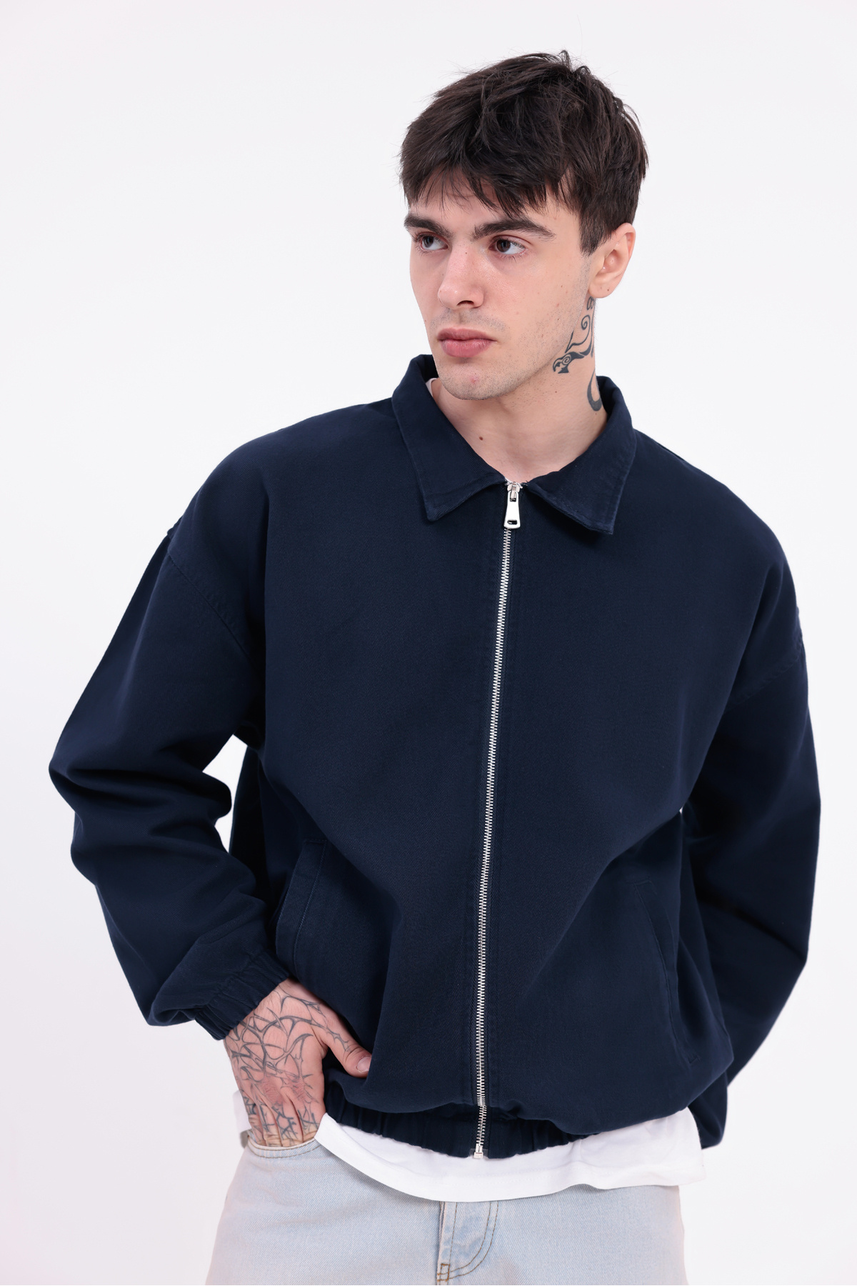 Montland  Erkek Lacivert Gabardin Kumaş Fermuarlı Oversize Beli Lastikli Mevsimlik Ceket - Görsel 2