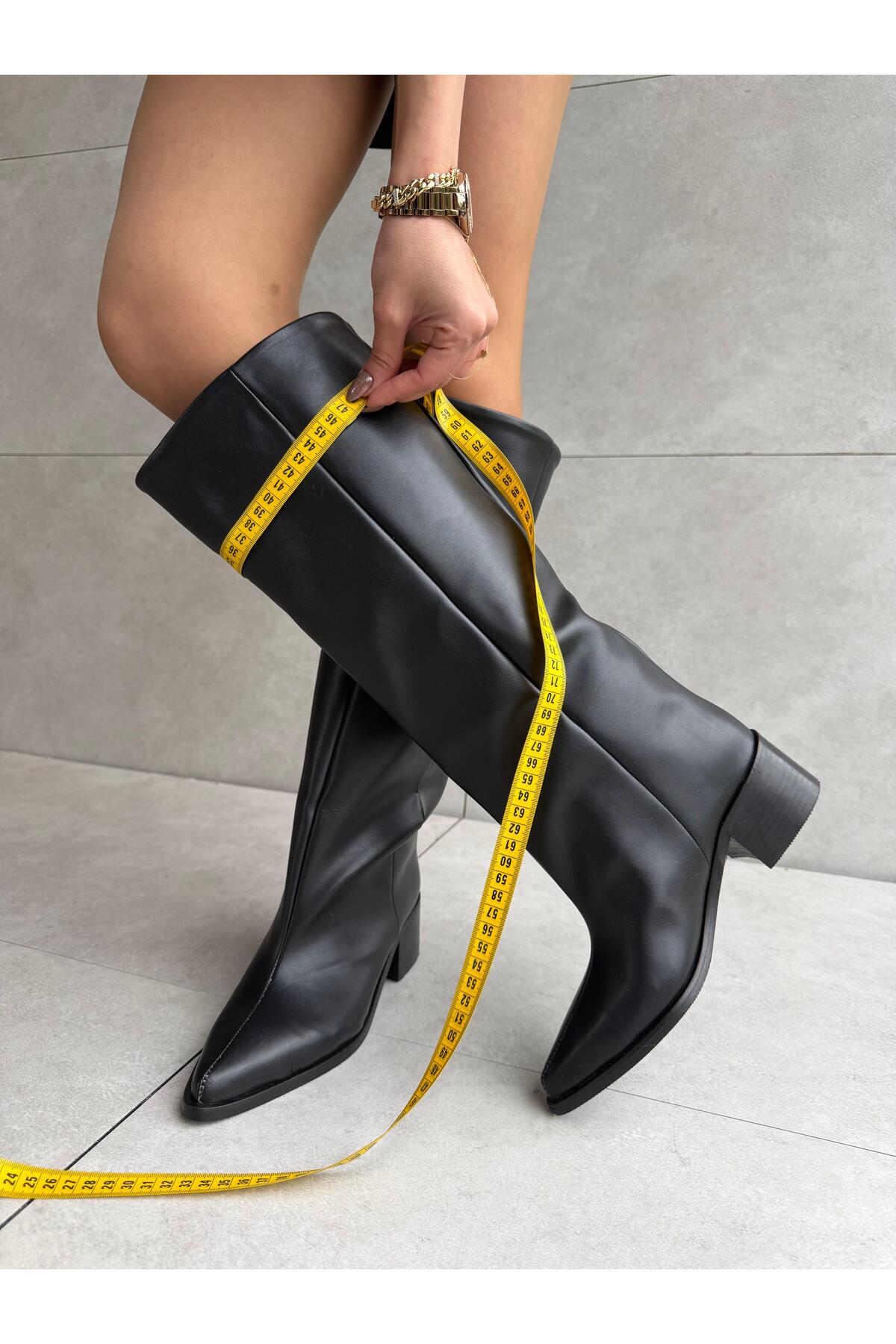 Elvinin Tarzı  Wenky Siyah Deri XL Kesim Düz Taban Binici Çizme
