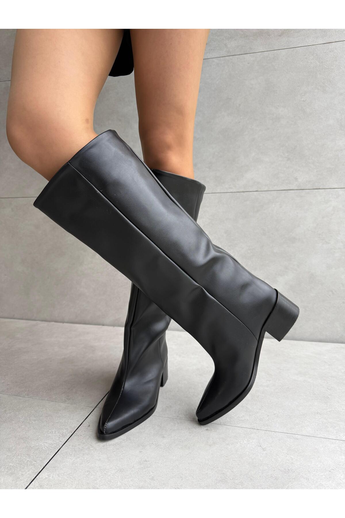 Elvinin Tarzı  Wenky Siyah Deri XL Kesim Düz Taban Binici Çizme - Görsel 3