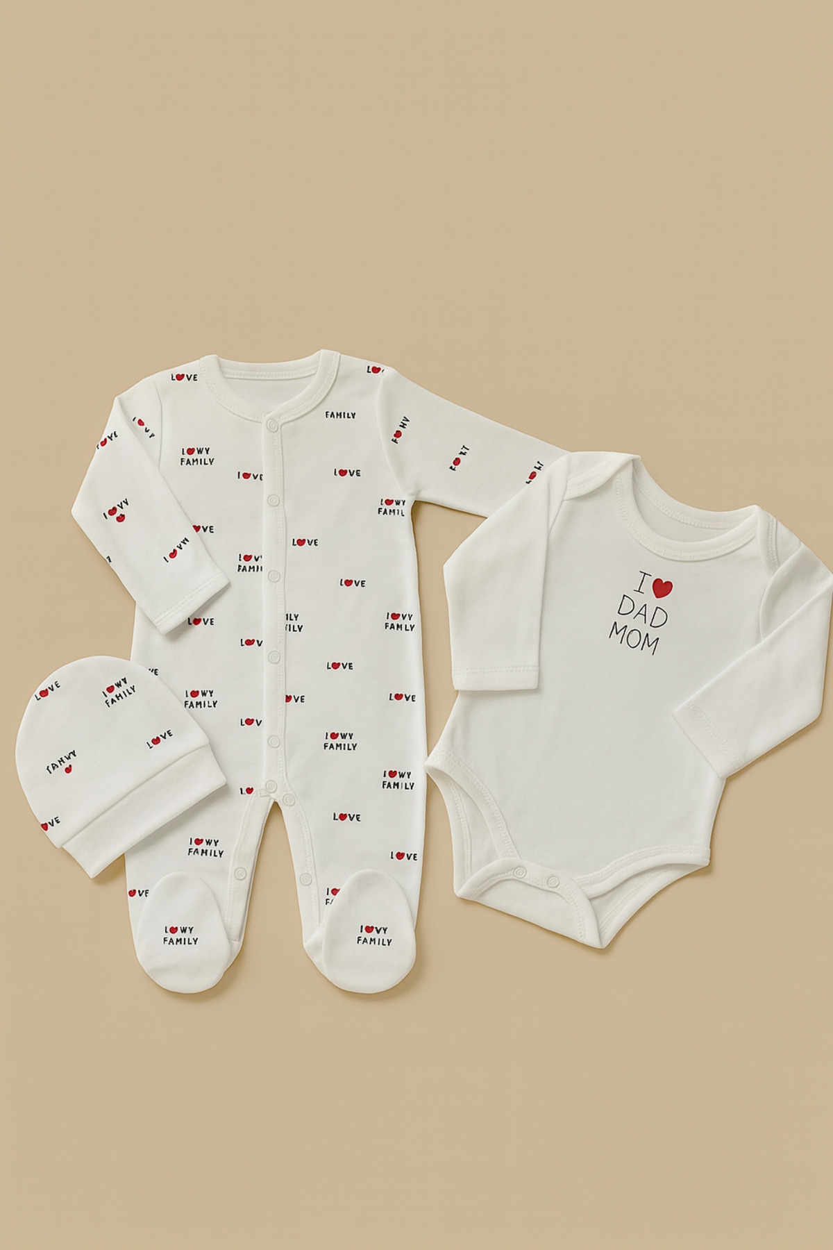 BEBEXO KIDS Unisex I Love Family & I Love Dad Mom Bebek Tulum Zıbın Şapka Seti %100 Pamuk (0-3/3-6 Ay) fotoğrafı 2 (önizleme)