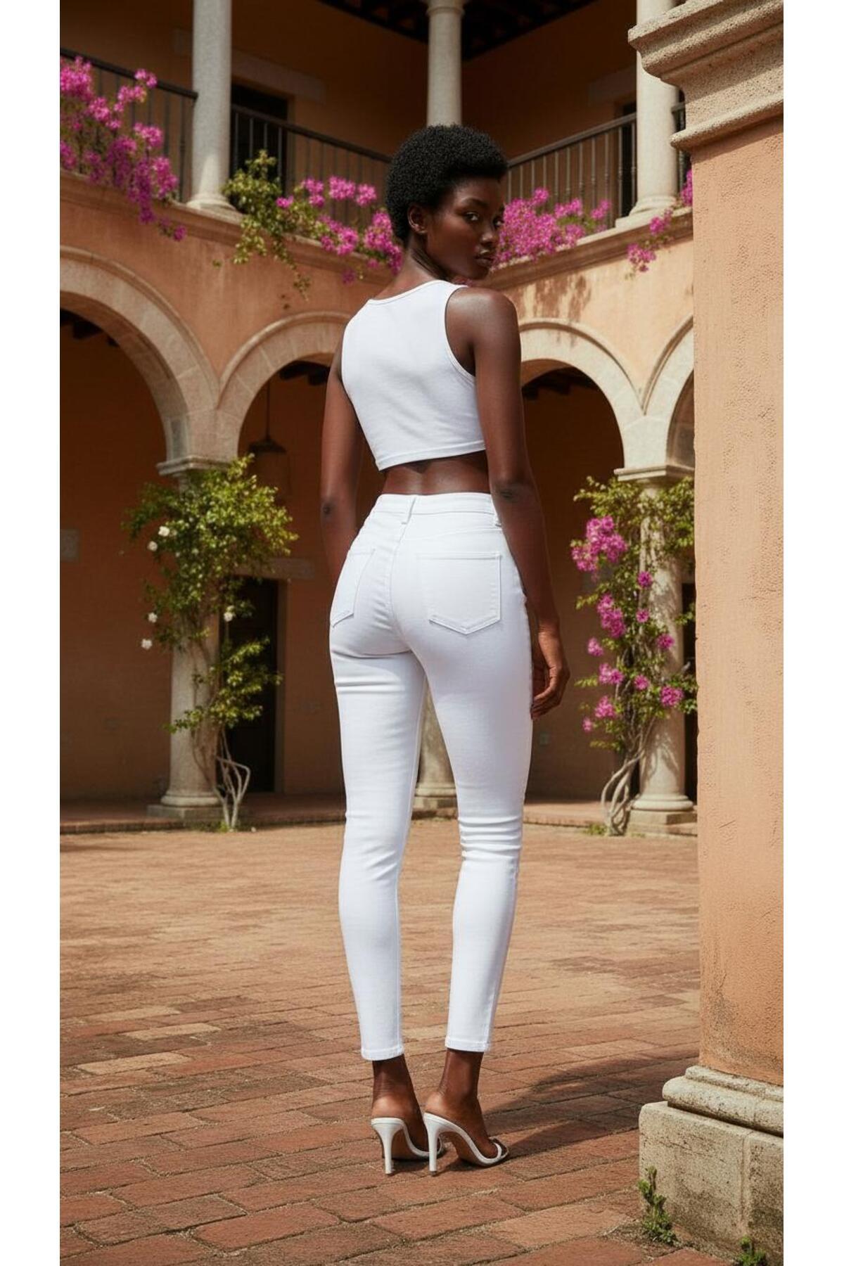 geenz manifacture Kadın Beyaz Ngbutika Full Likralı Yüksek Bel Skinny Jean Pantolon (TOPARLAYICI) görsel 2