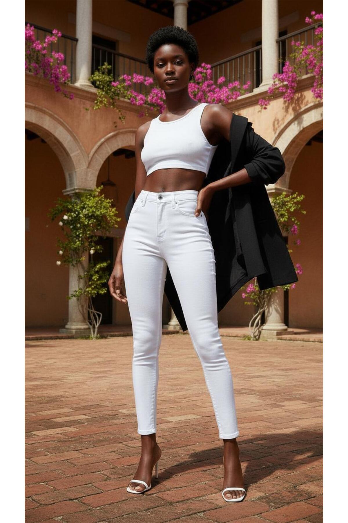 geenz manifacture Kadın Beyaz Ngbutika Full Likralı Yüksek Bel Skinny Jean Pantolon (TOPARLAYICI)