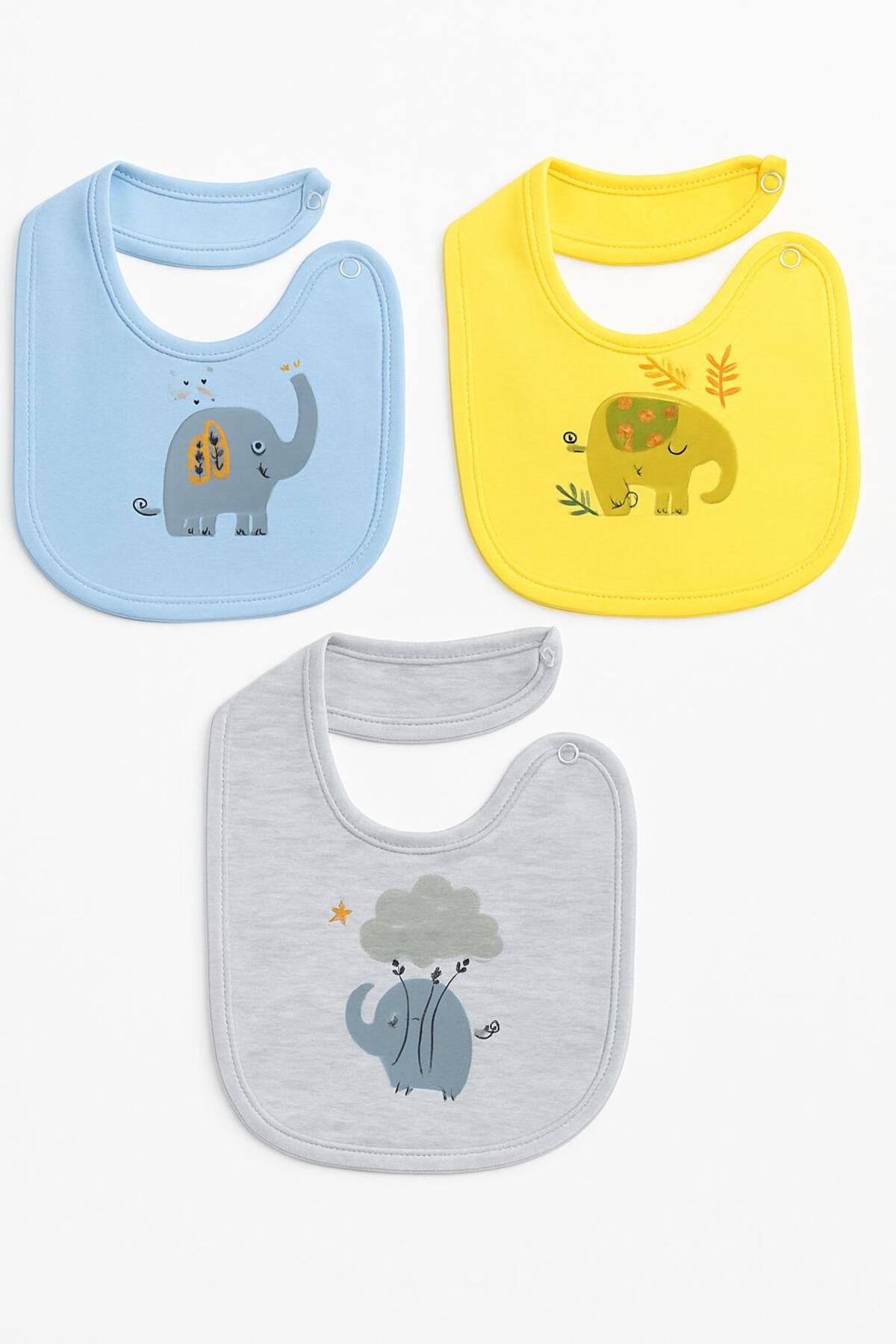 Bebe wini %100 Pamuk Penye Çift Katlı 3'lü Fil Desenli Mama Önlüğü fotoğrafı 2 (önizleme)