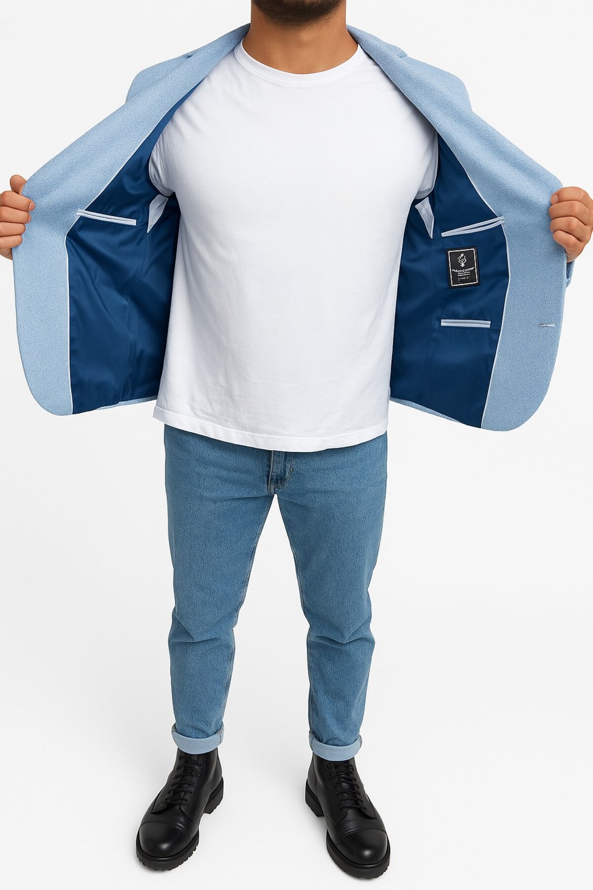 Plus Scorpion  Erkek Karyağdı Desenli Slim Fit Blazer Ceket – Mavi & Gri – Şık Günlük ve Ofis Kombin - Görsel 7