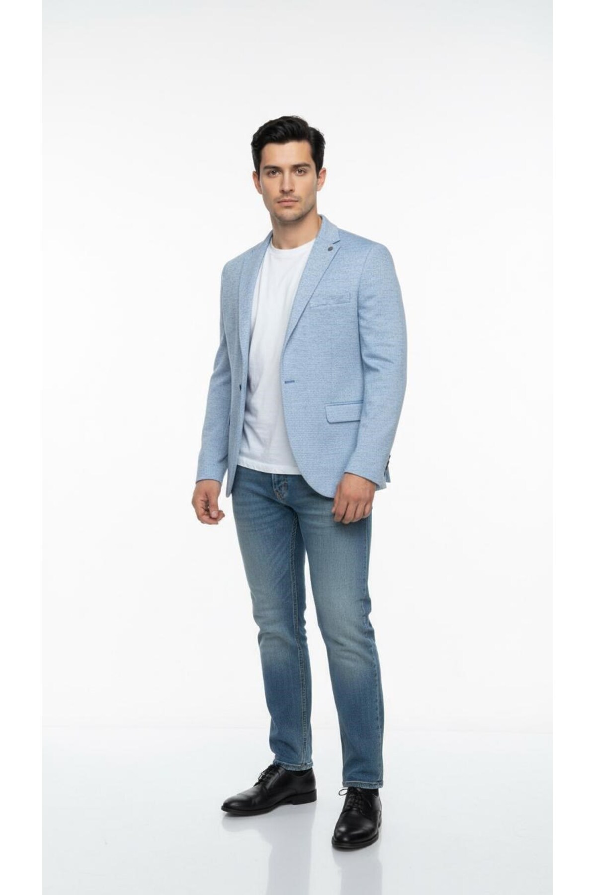 Plus Scorpion  Erkek Karyağdı Desenli Slim Fit Blazer Ceket – Mavi & Gri – Şık Günlük ve Ofis Kombin - Görsel 3