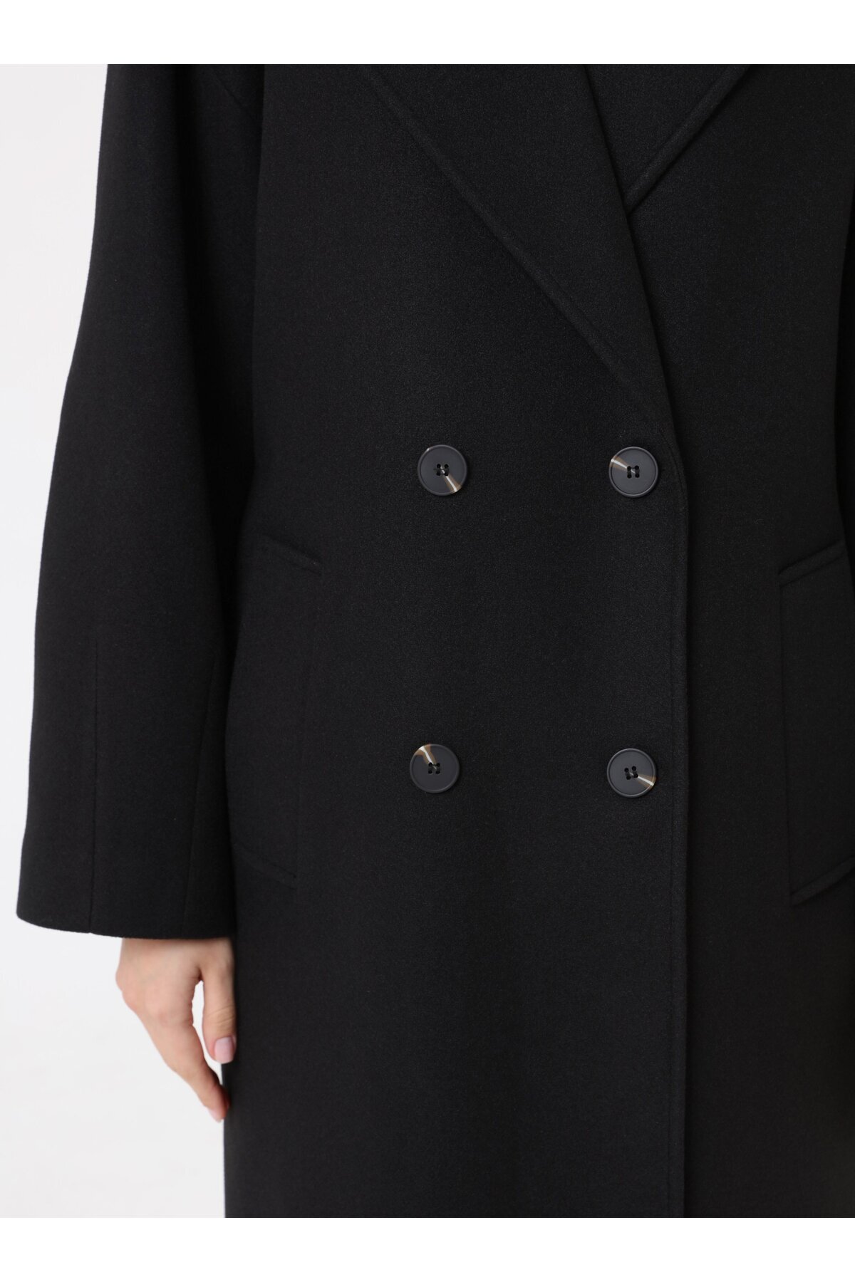 Refka  Kruvaze Kapama Detaylı Düşük Omuzlu Uzun Basic Kaban - Siyah - - Görsel 5