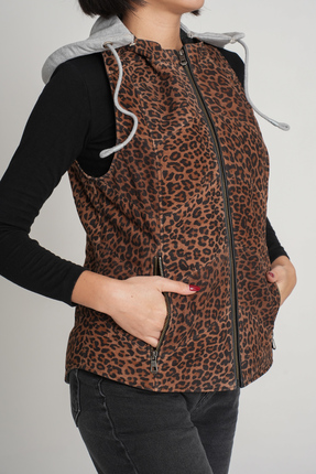 Tasarım Carmen Kadın Kahverengi Leopar Hakiki Deri Kapüşonlu Yelek
