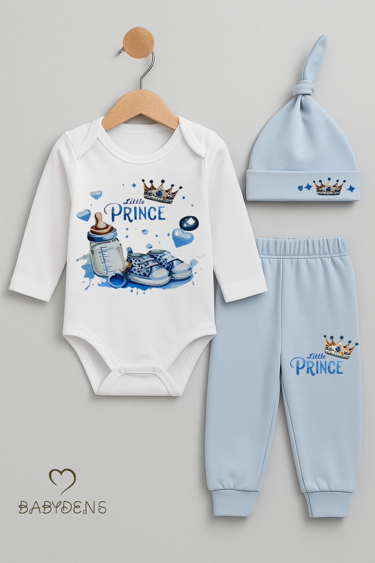 BABYDEN'S Little Prince 3’lü Erkek Bebek Takımı – Uzun Kollu %100 Pamuk Body, Pantolon ve Şapka Seti Mavi fotoğrafı 2 (önizleme)