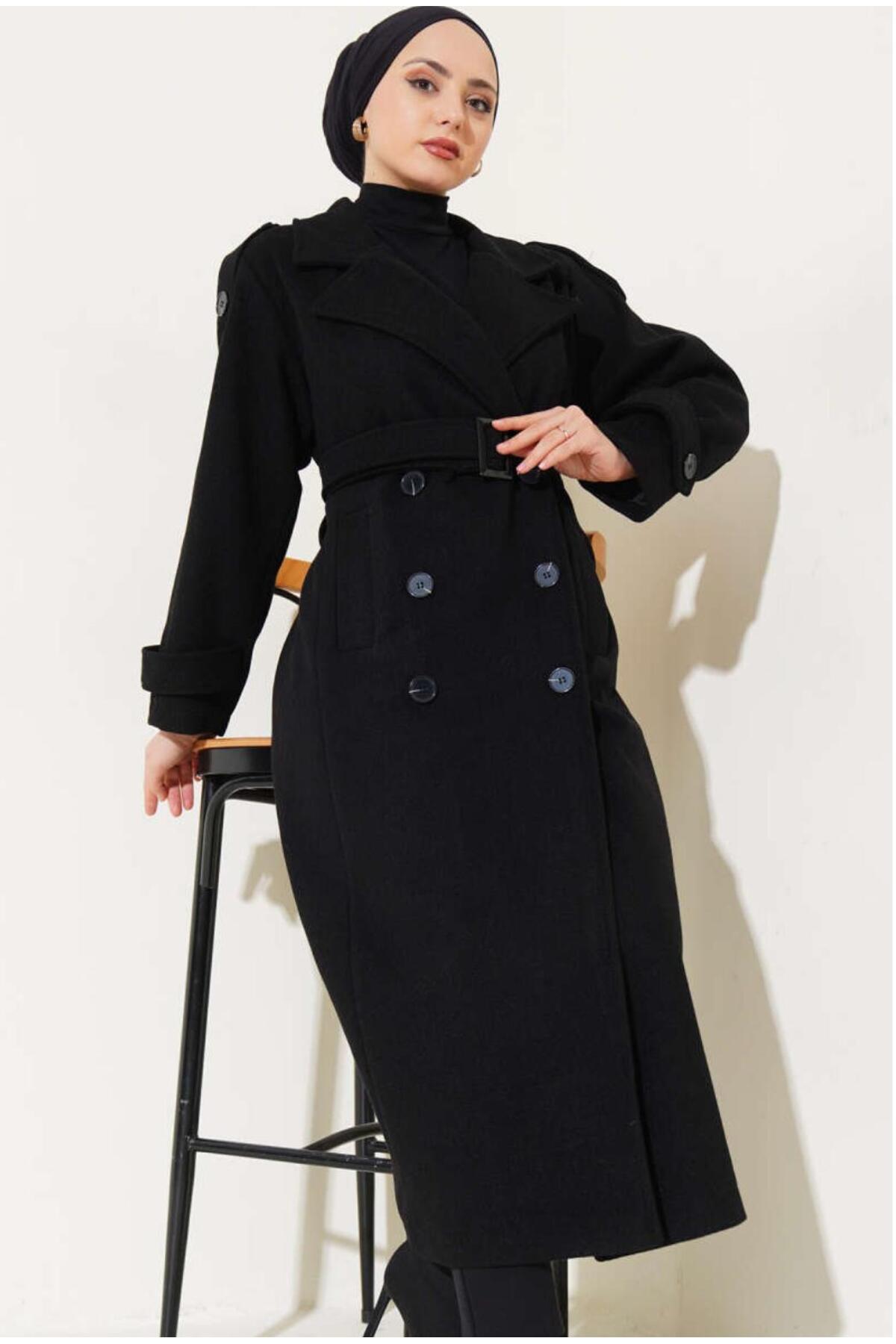 MODAM HİFA  Premium Kadın Siyah Kaşe Kaban Uzun Kışlık Kemerli Şık Palto Mont - Görsel 2