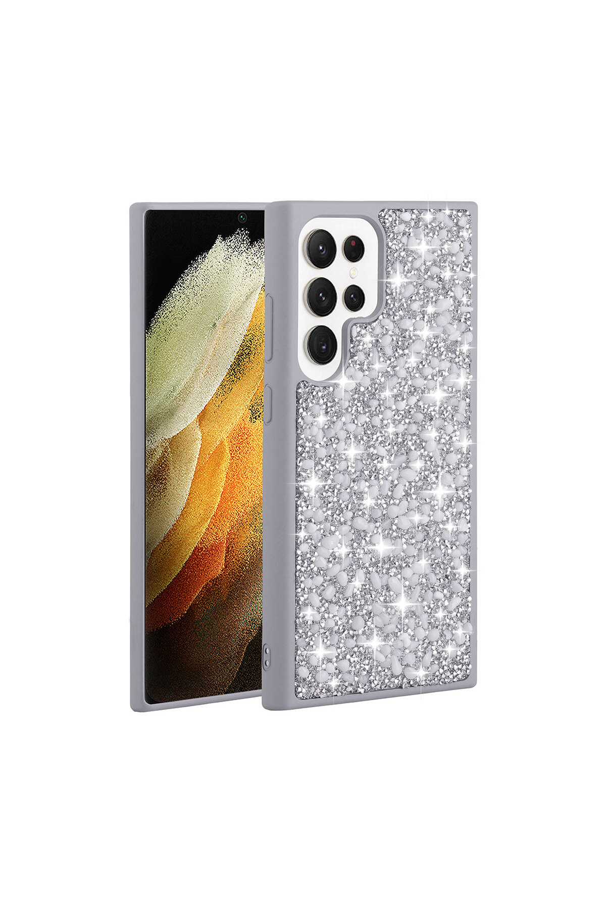 Galaxy S23 Ultra Uyumlu Parlak Taşlı Tasarım ASMA Linea Kılıf-Gümüş